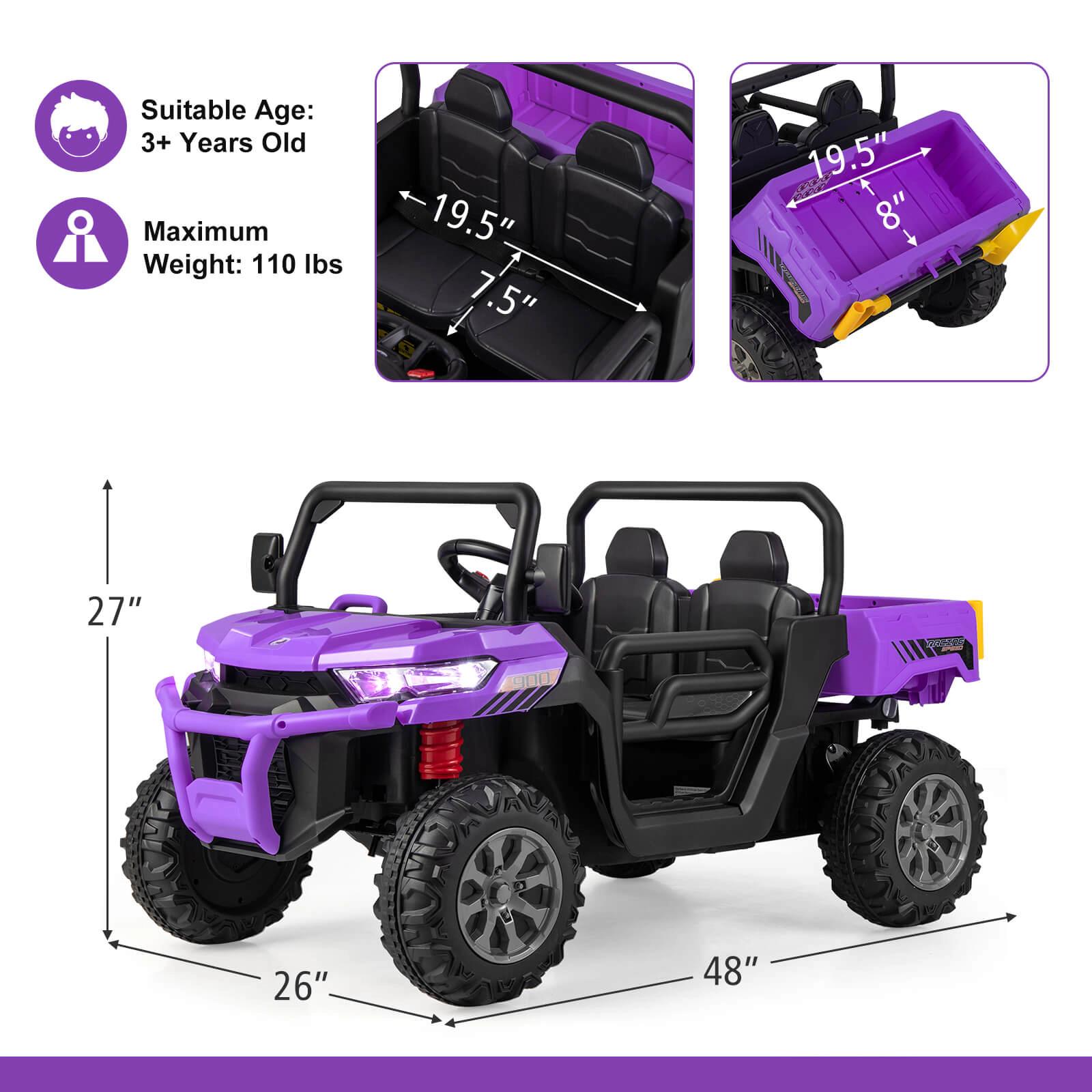 Hivvago 12V Kids Ride On Truck Car with Remote Control and 2 Seaters