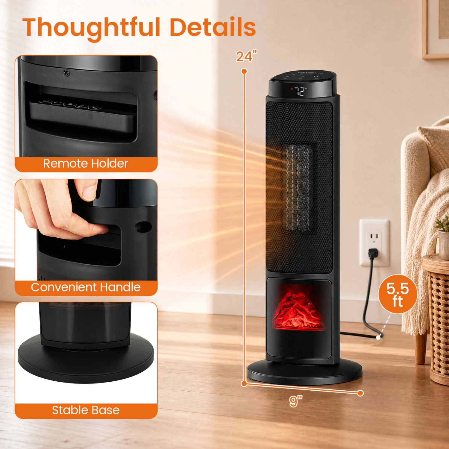 LJG 24 Inch 1500W PTC Ceramic Tower Space Heater with 7-Color Flame