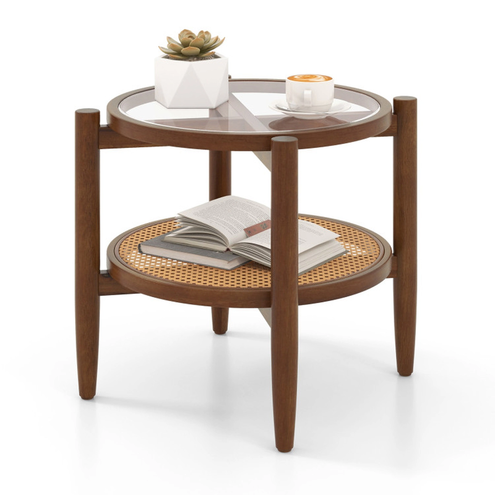 SUGIFT Tempered Glass Top and Woven Rattan Lower Shelf Walnut Round Side Table