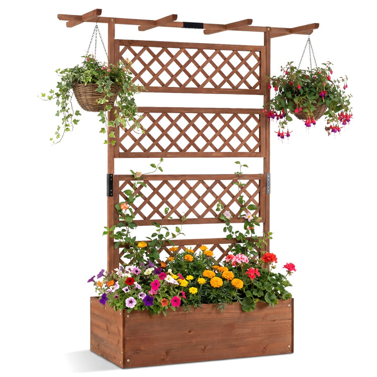 Hivvago Wooden Planter Box with Lattice Trellis Raised Garden Bed Privacy Screen Flat Roof