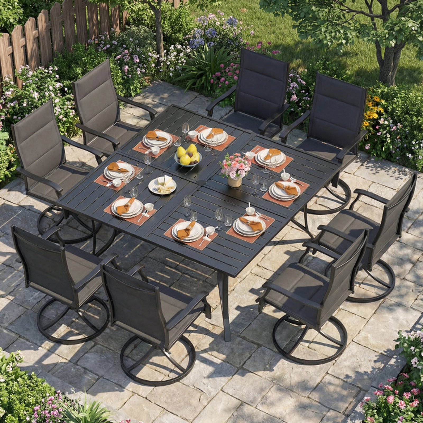 SUGIFT 8-Person Metal Slatted Top Umbrella Hole Square Patio Dining Table 60-in x 60-in x 30-in 330-lb Capacity Black