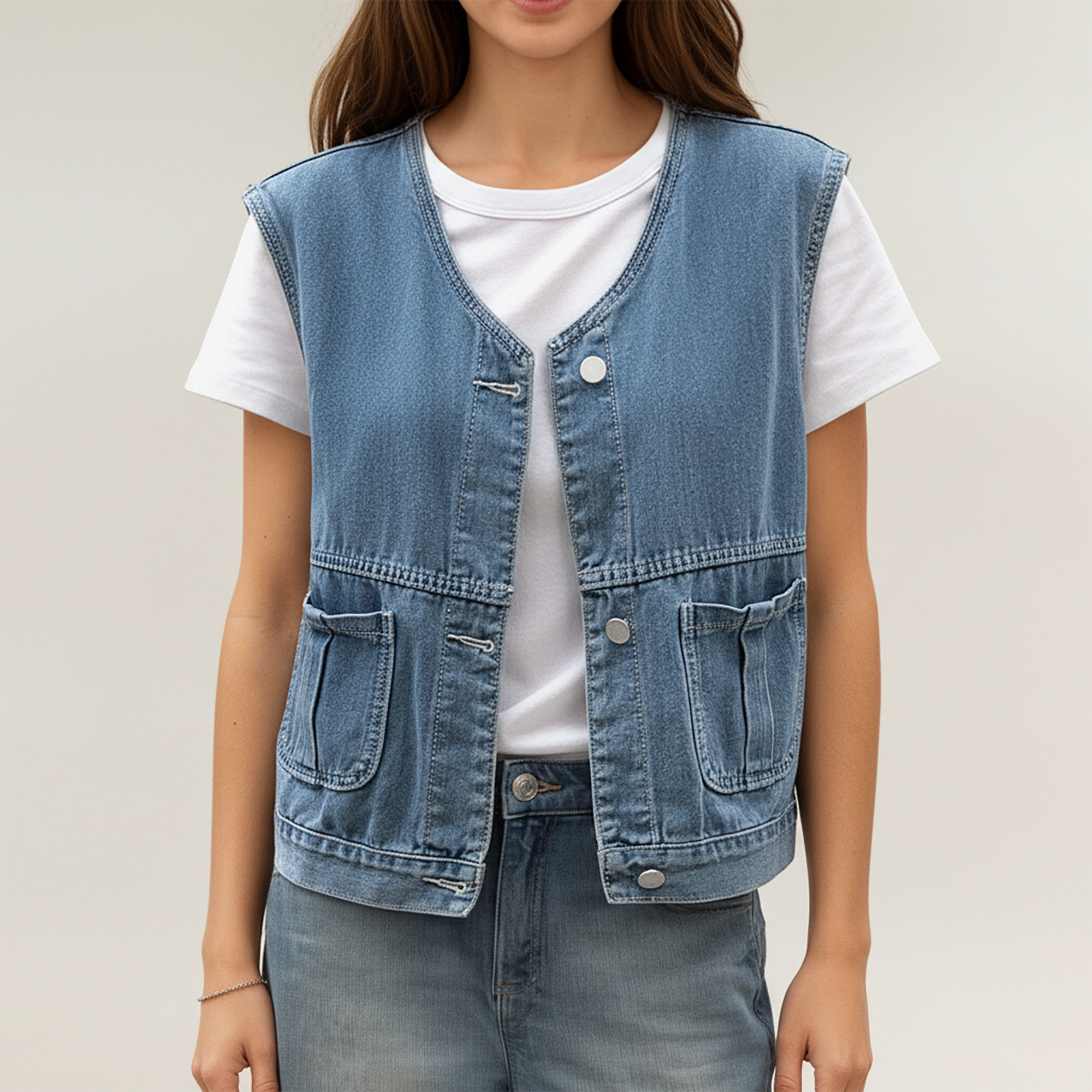 Anna-Kaci Women's Sleeveless Denim Vest with Button Front Closure Patch Pockets and Structured Fit