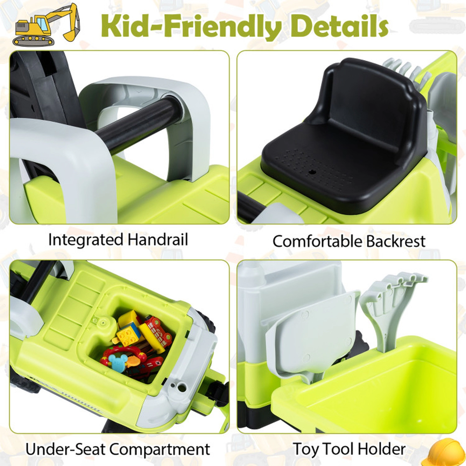 SUGIFT 2-in-1 Kids Ride-On Tractor with Digging Arm and Detachable Trailer 55-lb Capacity Ages 3+ Green/Yellow