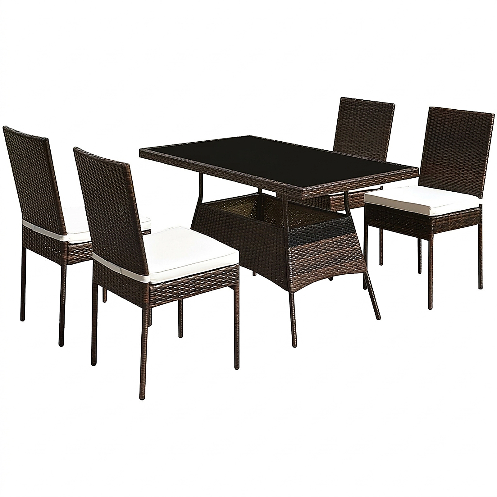 SUGIFT 5-Piece Outdoor Rattan Dining Set, Tempered Glass Table and 4 Cushioned High-Back Chairs