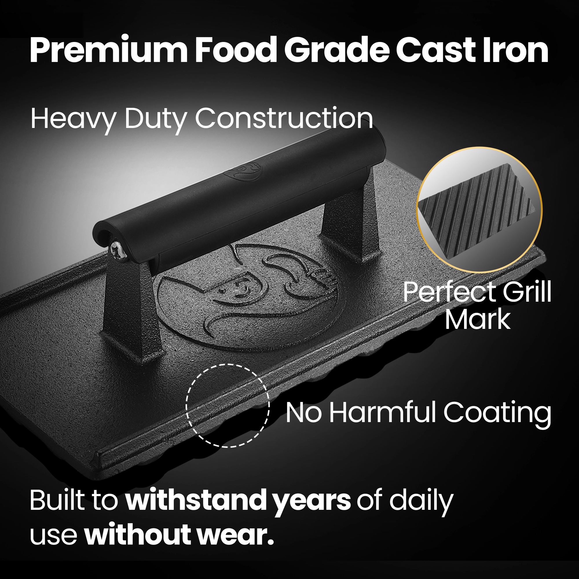 Gourmet Easy Grill Press with Heat Resistant Handle, 3LBS Cast Iron Smash Burger Press