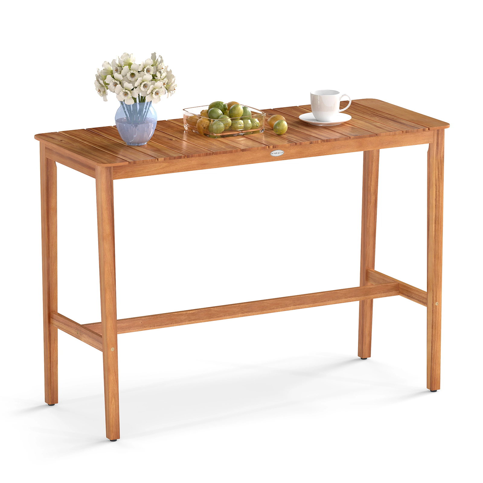LJG Acacia Wood Counter Height Table with Slatted Tabletop and Footrest Crossbar