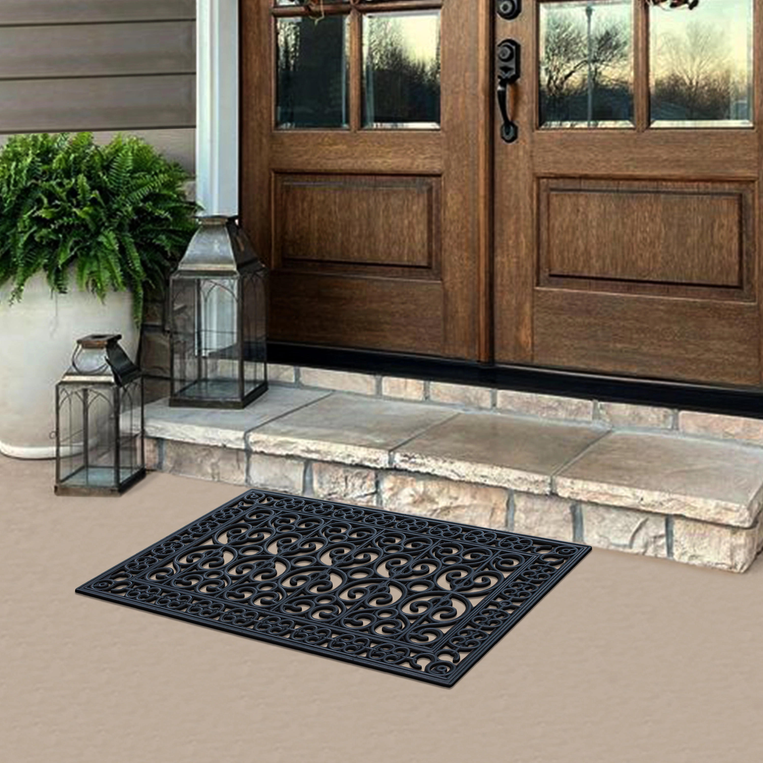 A1 Home Collection 9 lb Heavy Duty Rubber Doormat Non-Slip Outdoor Dirt Scraper Mat, Black Paisley, 24 x 36 Inches