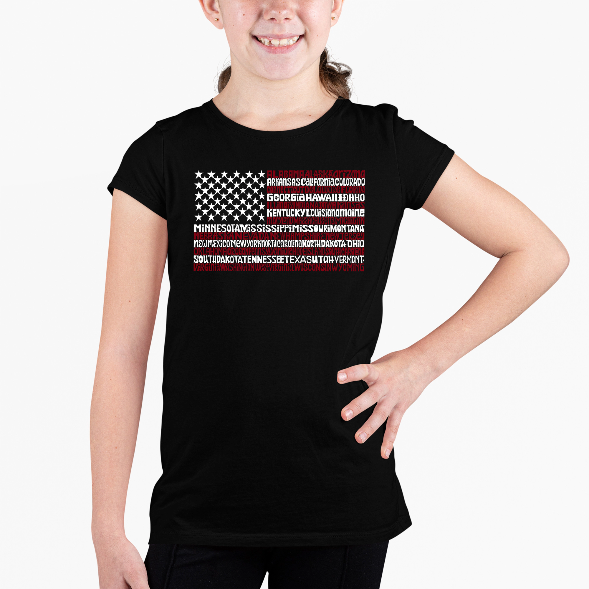 LA Pop Art Girls Word T-Shirt - 50 States USA Flag