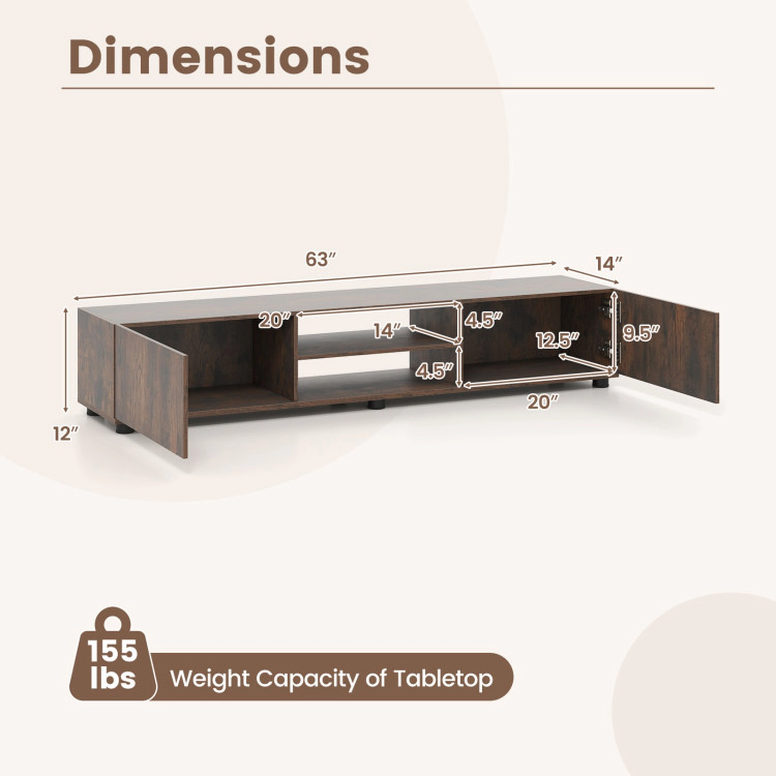 SUGIFT Modern TV Stand for up to 70 in TVs Minimalist Entertainment Center 155-lb Tabletop Capacity with 2 Doors & Open