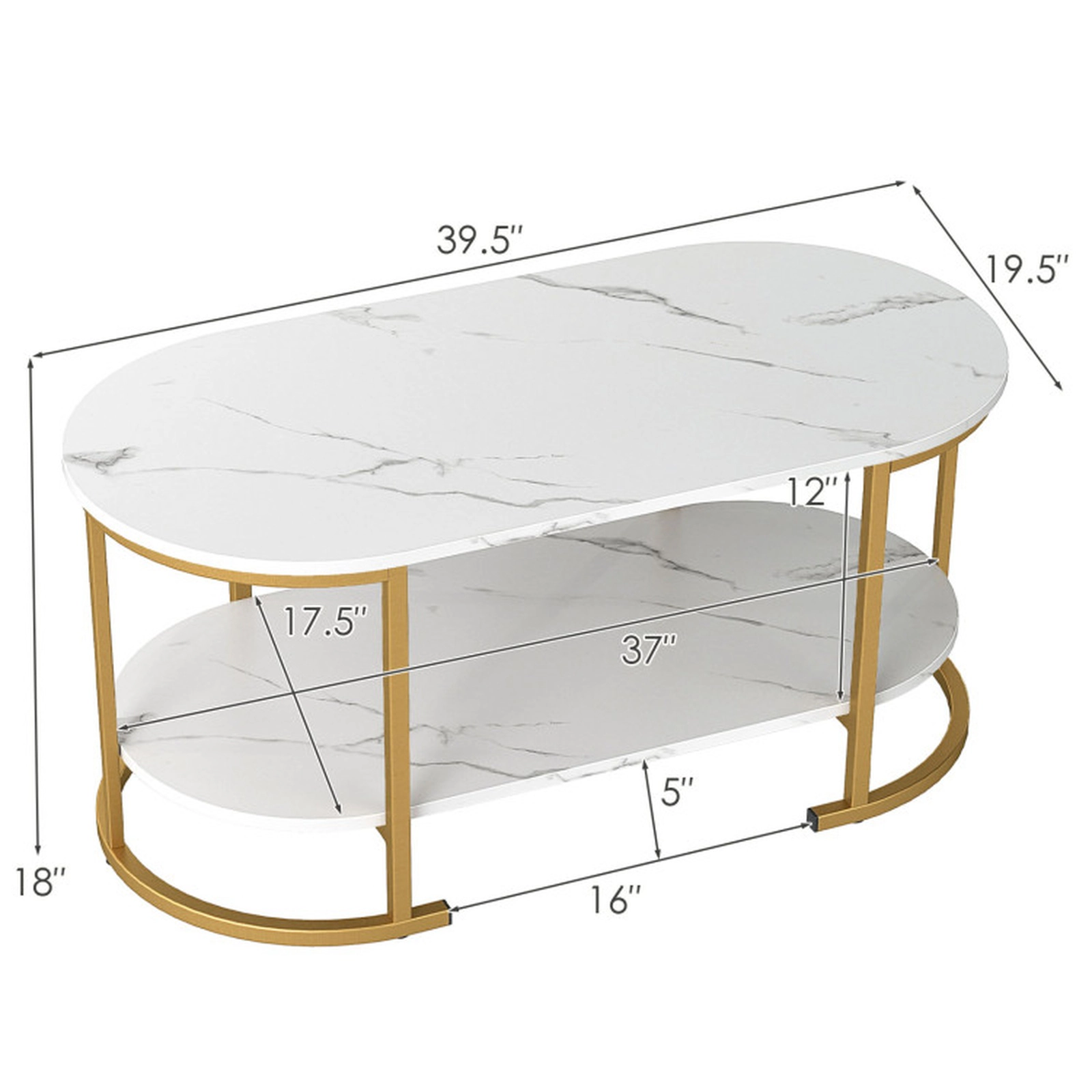 SUGIFT 2-Tier Faux Marble Top Gold Metal Frame Oval Coffee Table 39.5-in x 19.5-in x 18-in 88-lb Capacity White