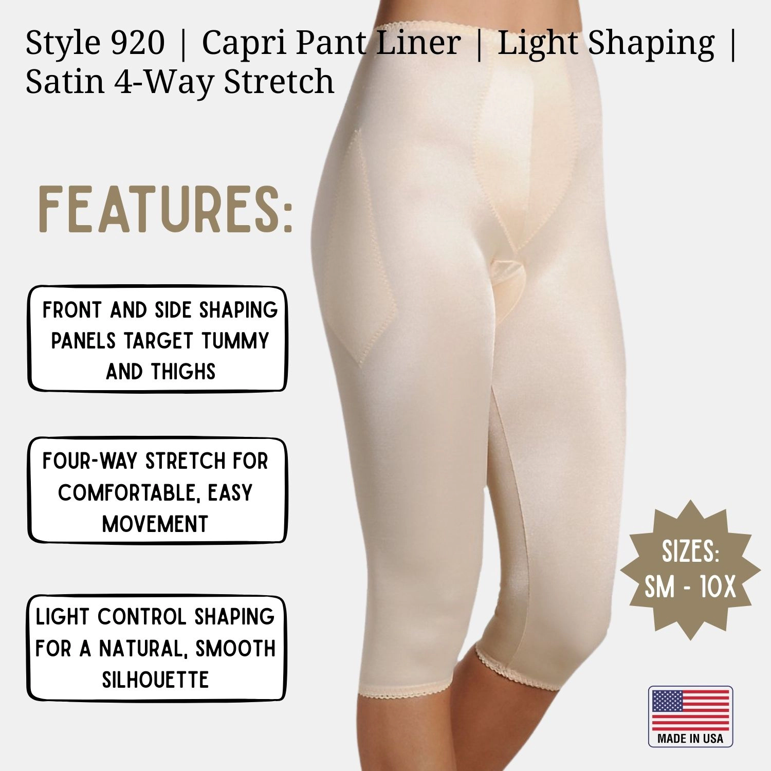 Rago Capri Pant Liner Light Shaping Satin 4-Way Stretch | Style 920