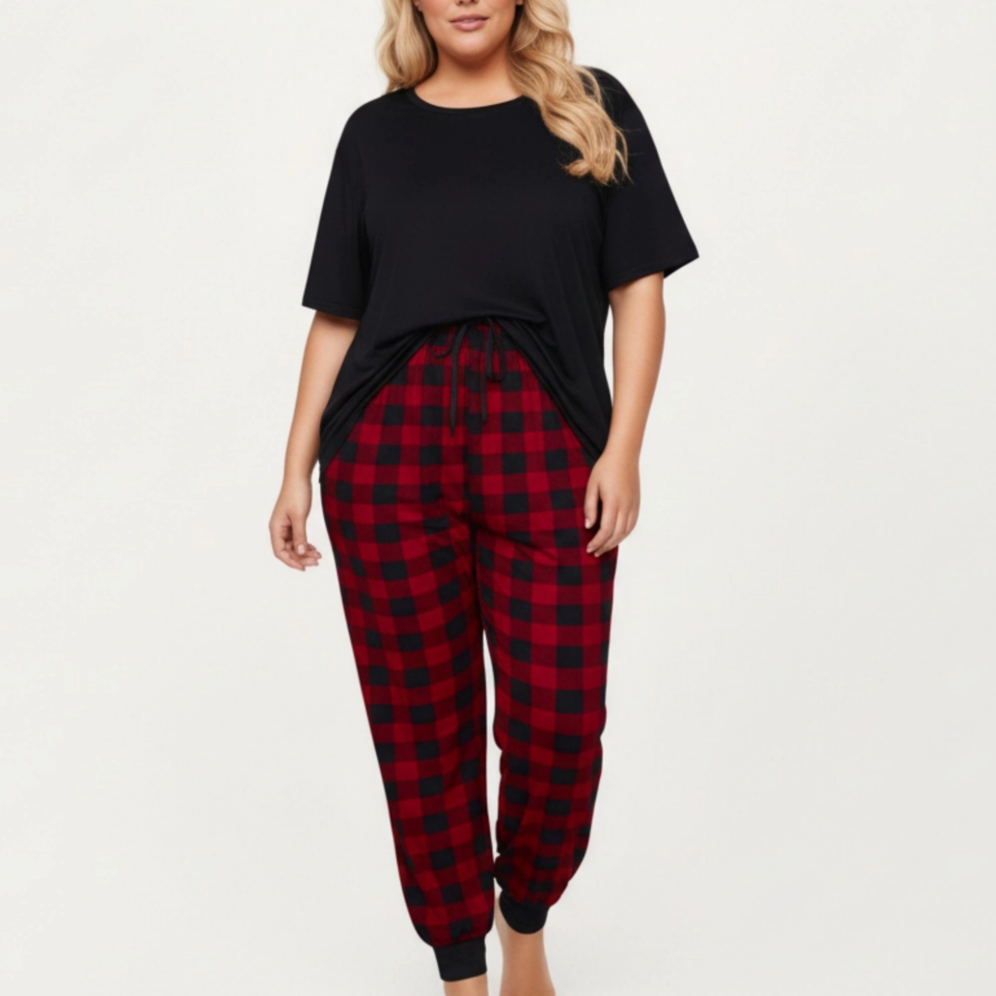 Anna-Kaci Women's 2-Piece Short Sleeve Knit Top and Plaid Jogger Pajama Pants with Soft Stretch Fabric Tapered Fit