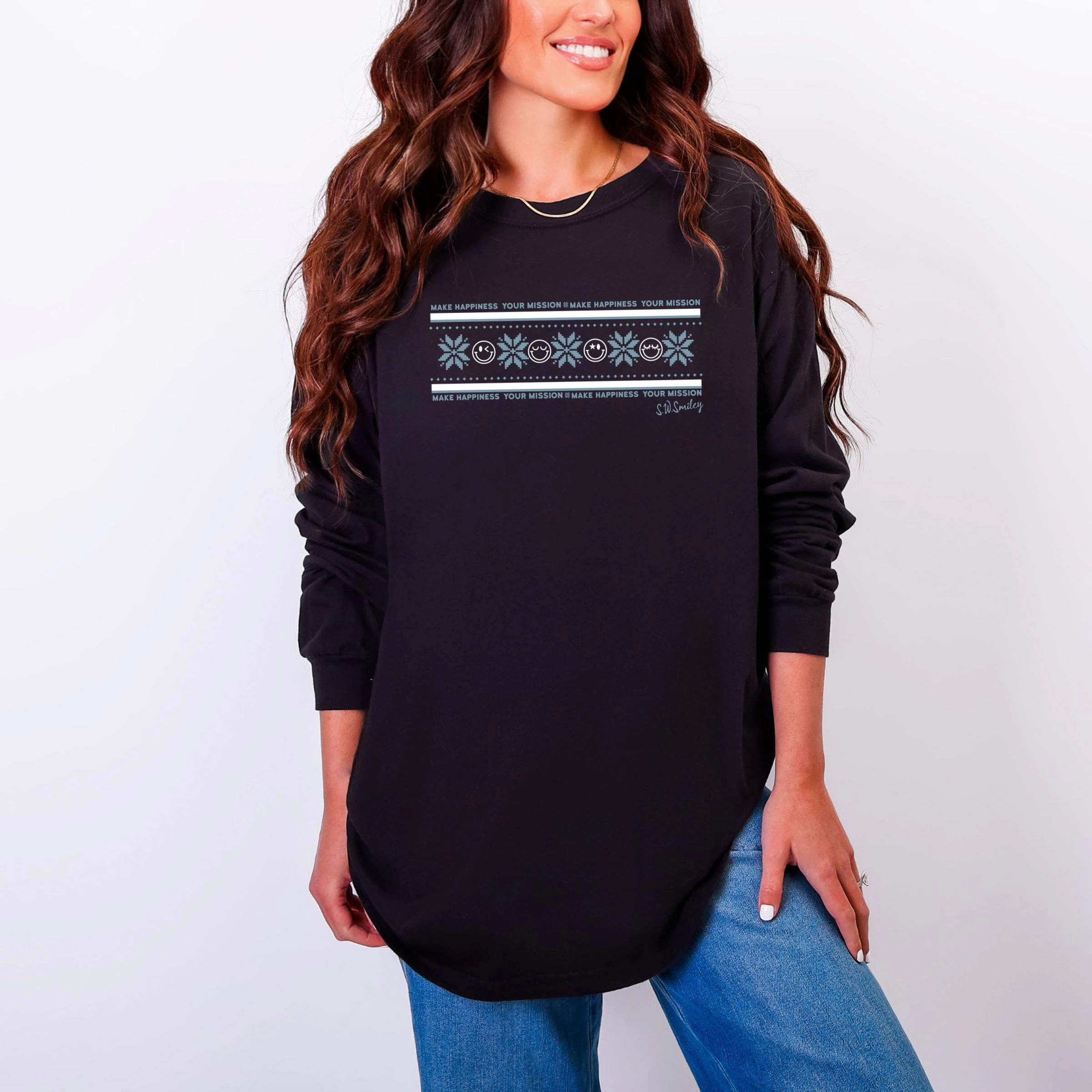 Simply Sage Market - Women's Garment Dyed Long Sleeve Graphic T-Shirt S.W.Smiley Make Happiness Your Mission Row