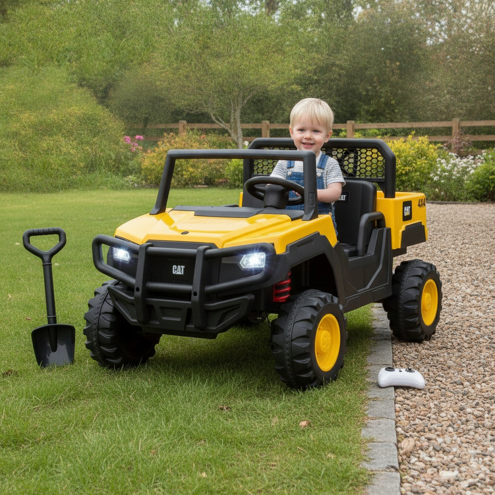 24V 2-Seater Kids Ride On Dump Truck Four 100-W Motors Tilting Bed Opening Tailgate Included Shovel Ages 3-8 Yellow