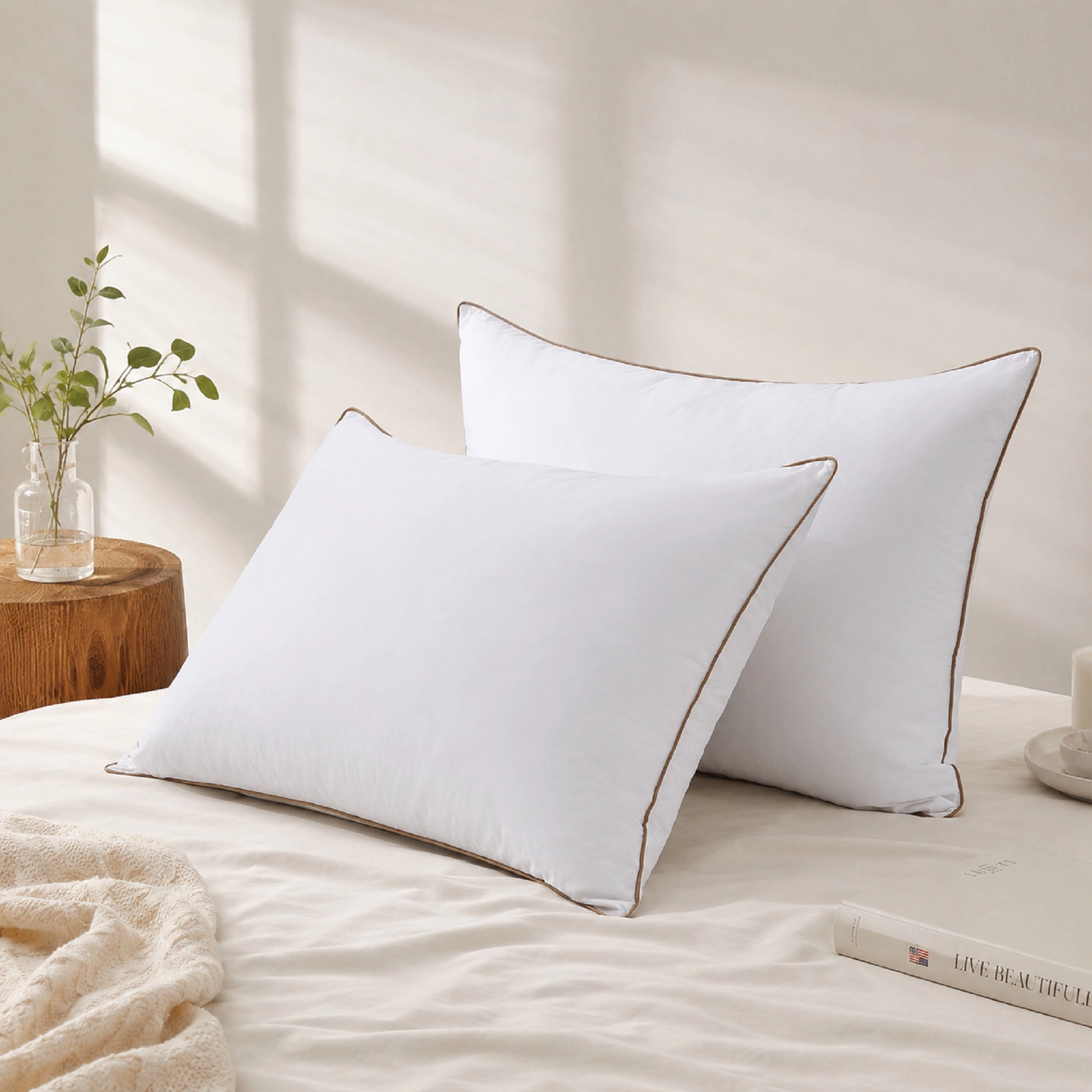 PEACENET Goose Feather and Down Bed Pillows with Double-Layer Shell and Brown Piping,Set of 2