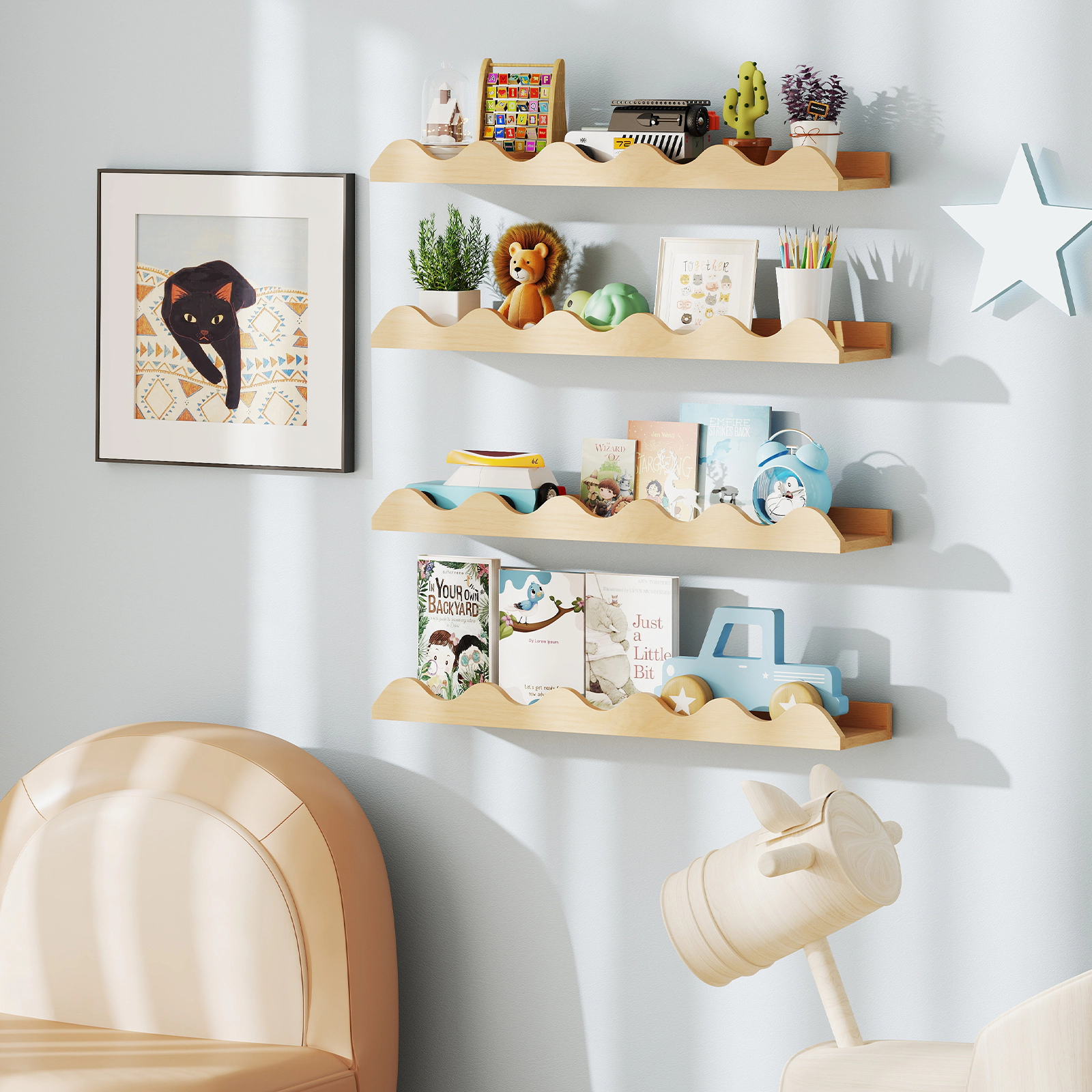 SUGIFT Natural 24 in Set of 4 Kids Wall-Mounted Picture Ledge Book Shelves