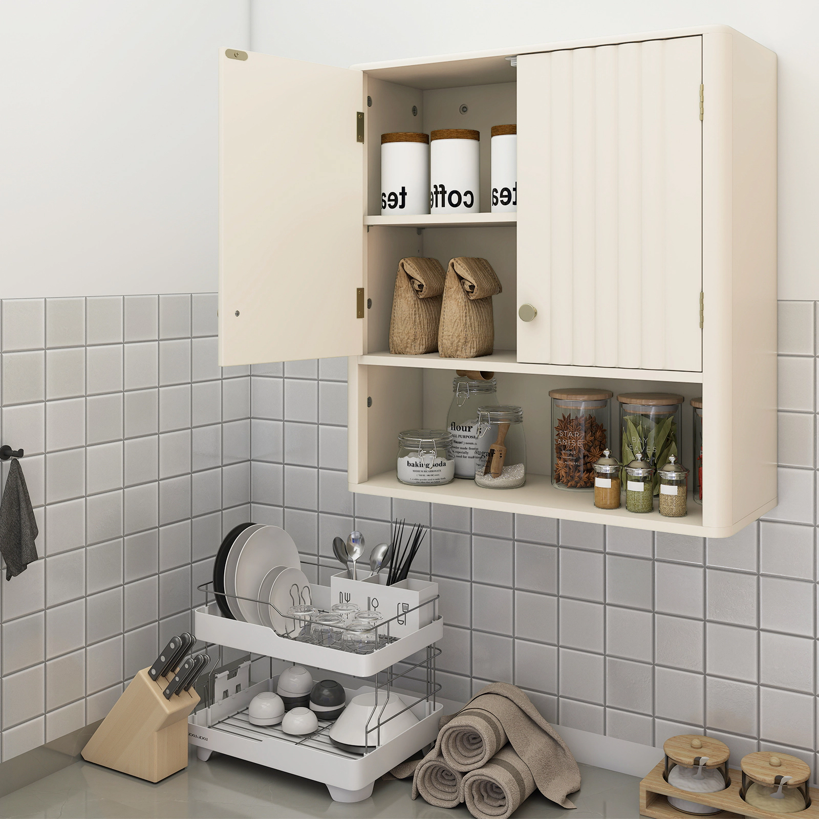 Slickblue Bathroom Wall Storage Cabinet with Fluted Doors and Open Shelf Organizer