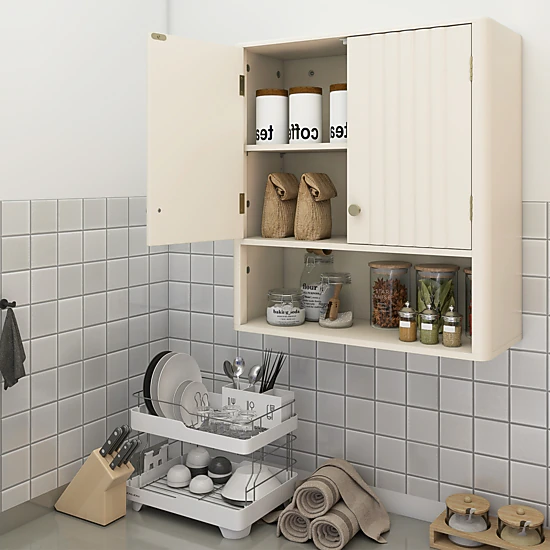 SlickBlue Bathroom Wall Storage Cabinet with Fluted Doors and Open Shelf Organizer