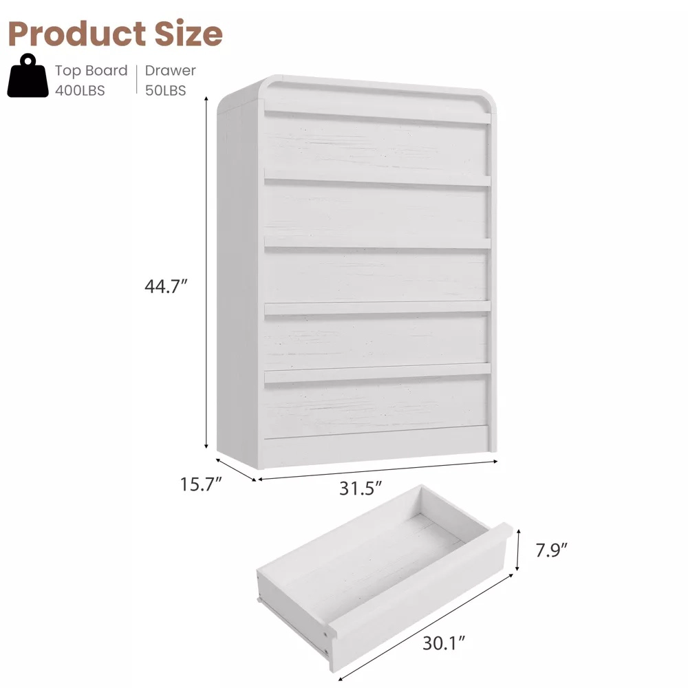 Arched 5 Drawer Wood Dresser with Curved Profile, Modern Storage Chest