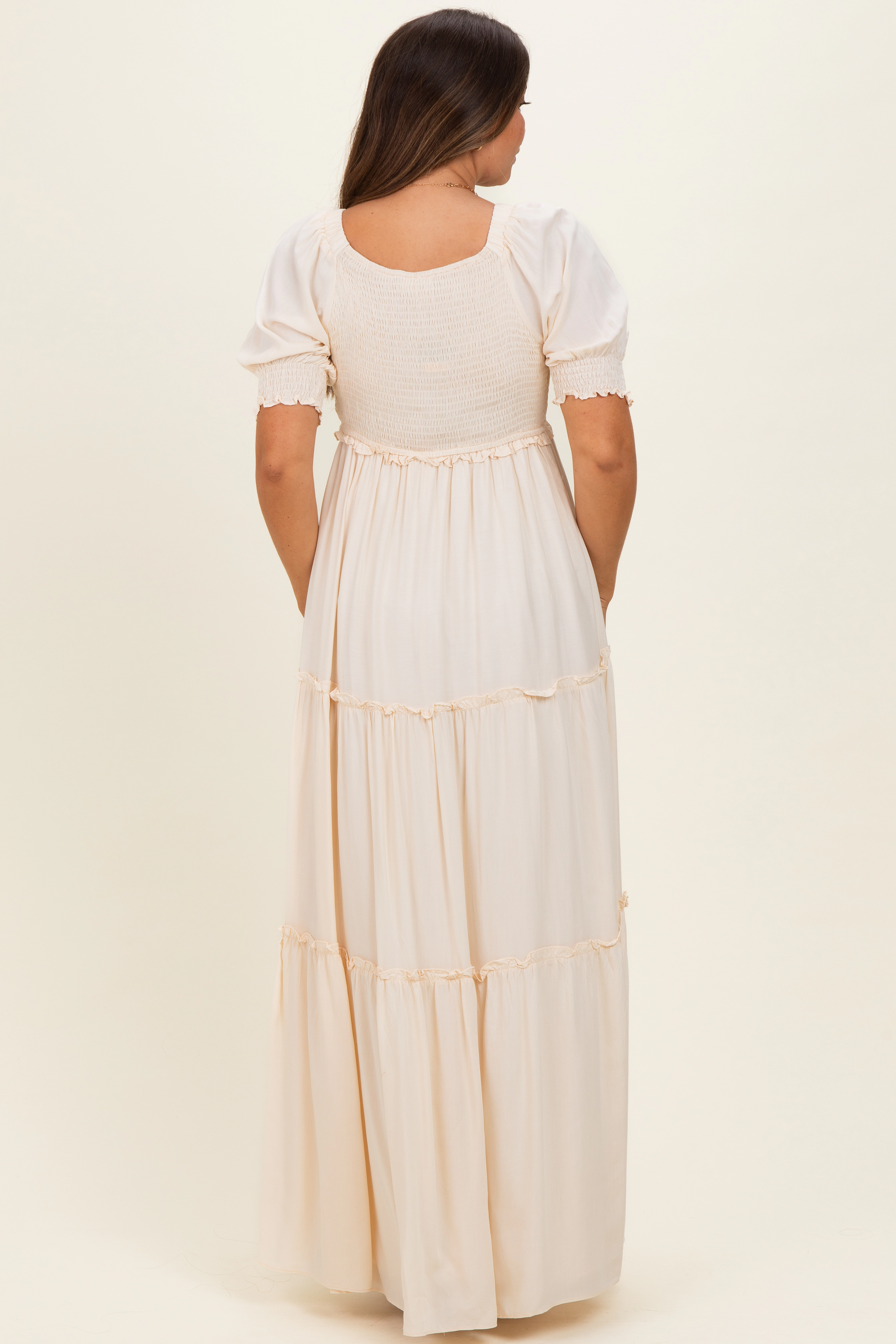 PinkBlush Womens Cream V-Neck Smocked Tiered Maternity Maxi Dresses