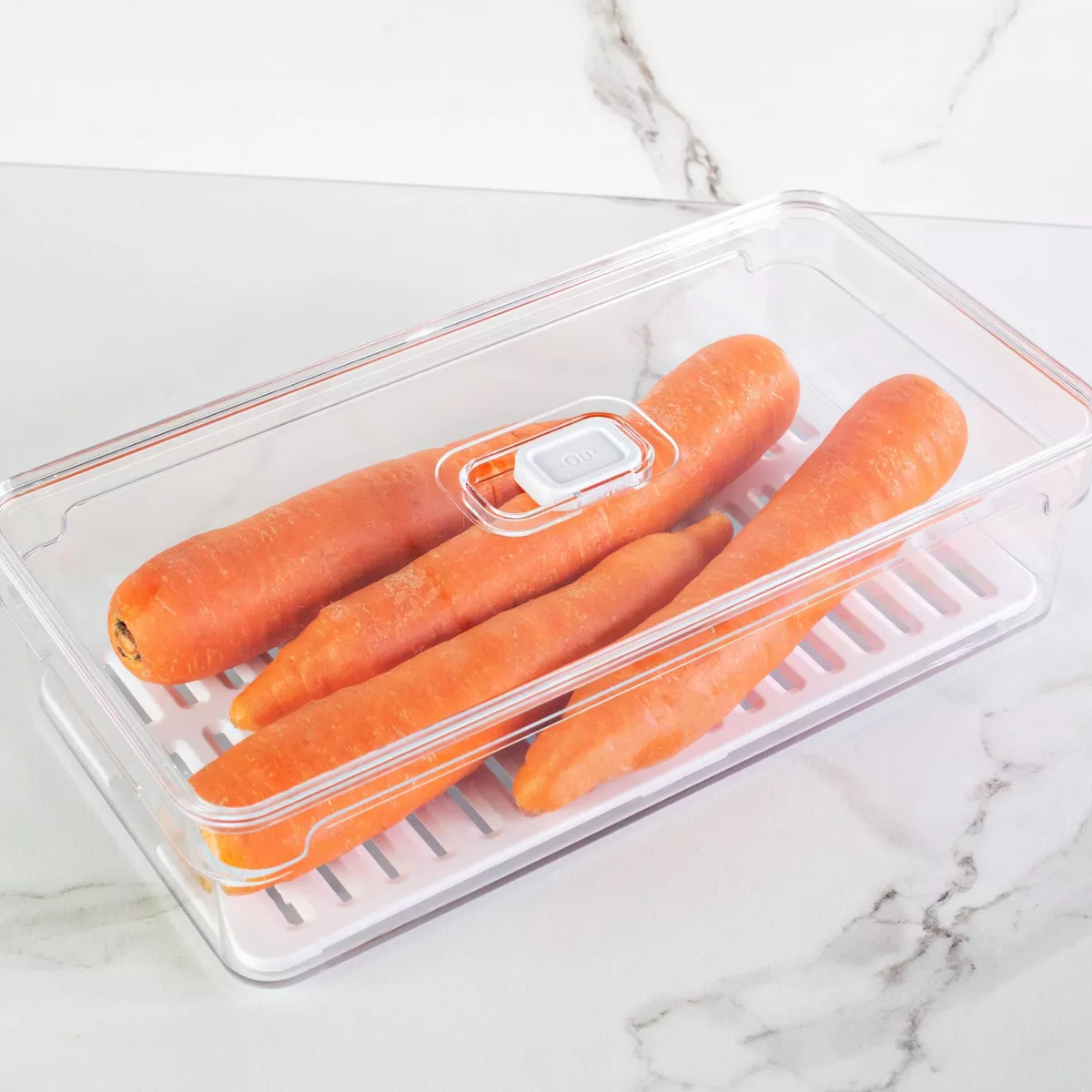 OU Fridge Organizer Bin w/ Vented Lid, Clear Stackable Refrigerator Storage Container w/ Drain Tray, 11.8 Inch Depth