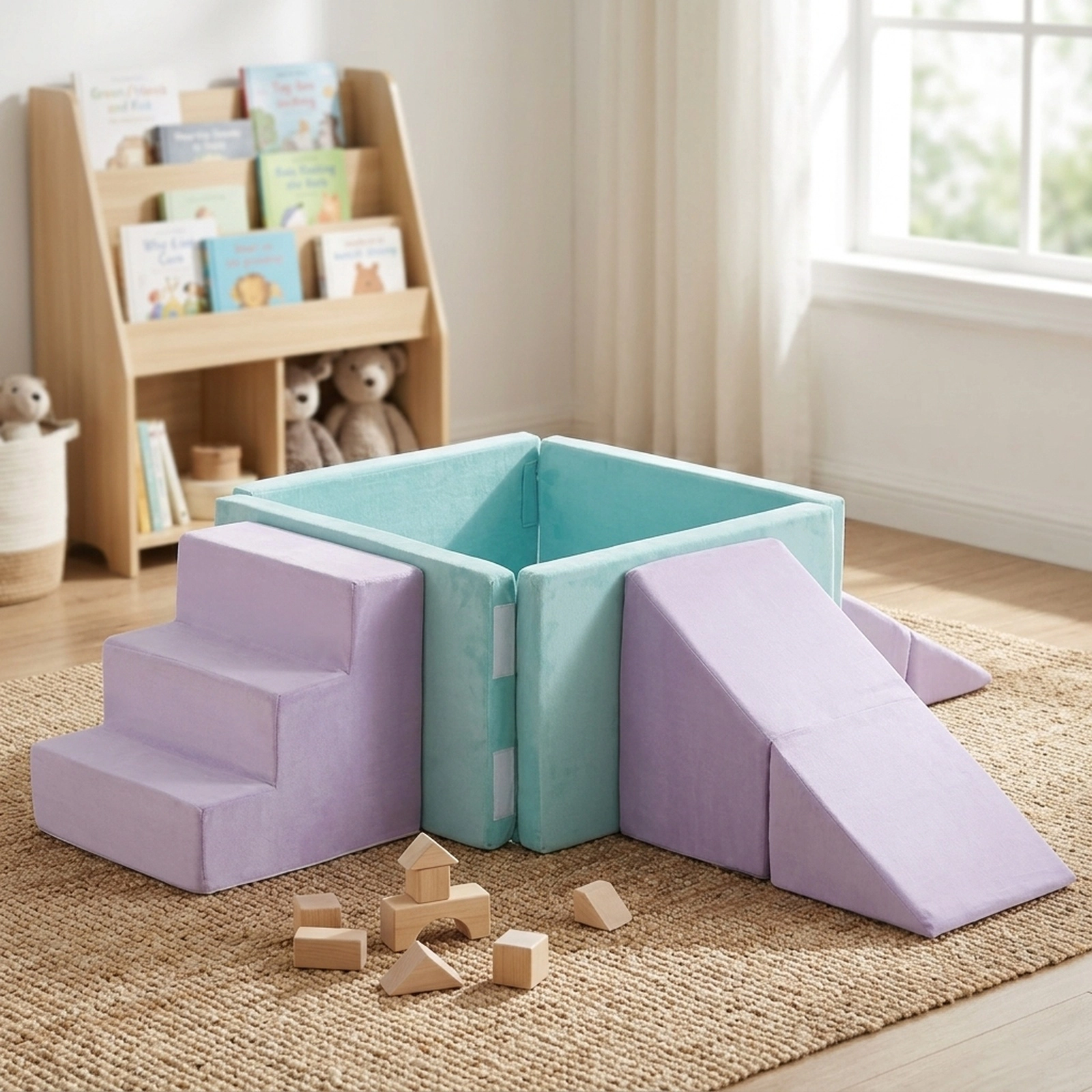 3-in-1 Toddler Soft Play Set 37-in Foam Ball Pit Triangle Climber and Step Block Washable Suede Covers Ages 3+ Purple