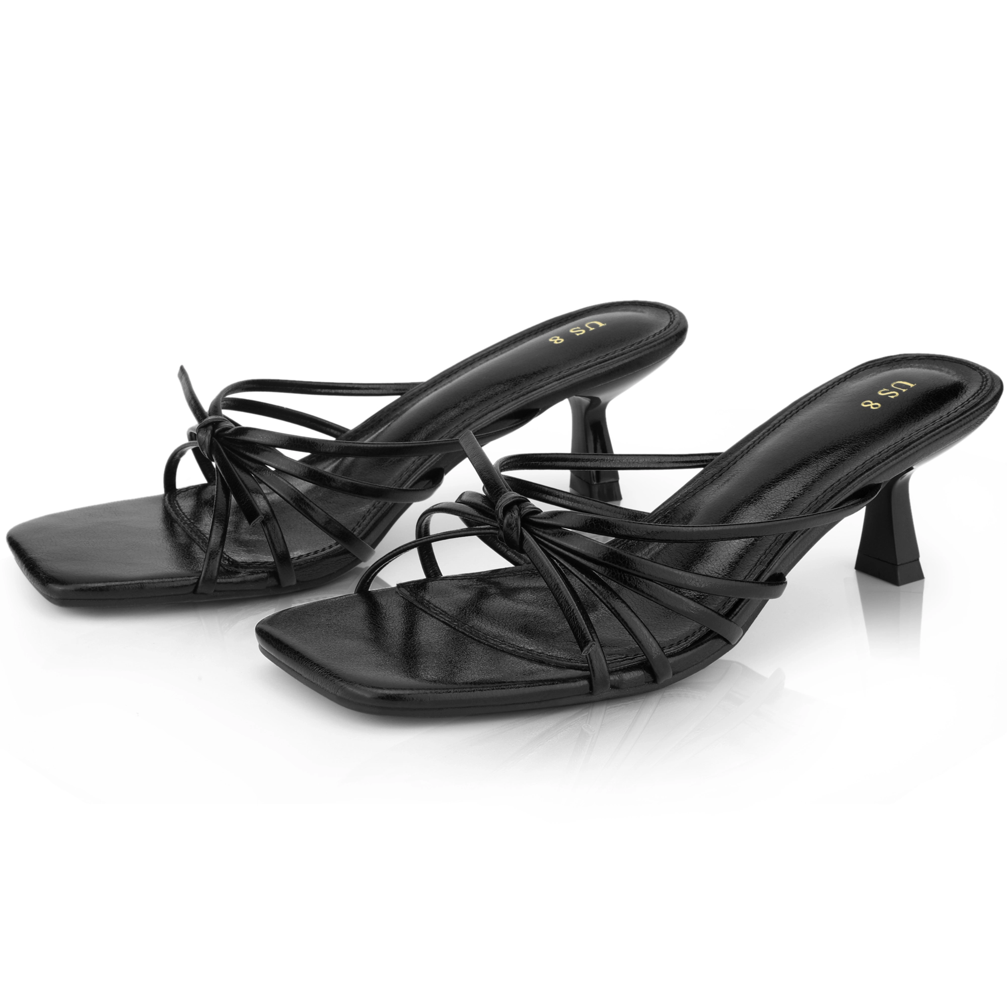 BLISSFUL STEP Women's Faux Leather Square Toe Strappy Slip on Kitten Heel Sandals