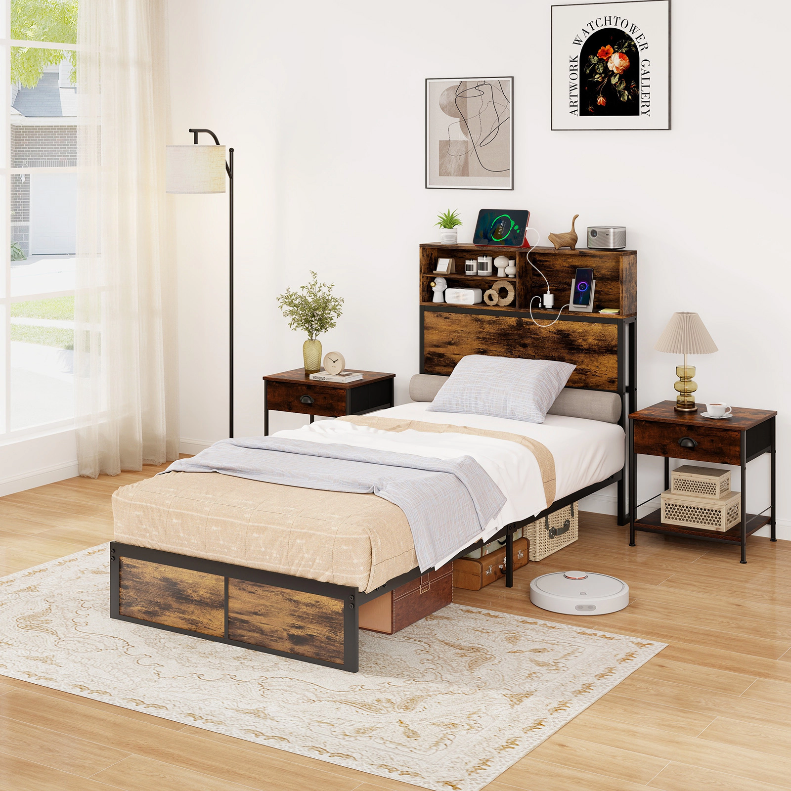 SUGIFT Twin Size Bed Frame with Storage Headboard 485-lb Capacity Rustic Brown