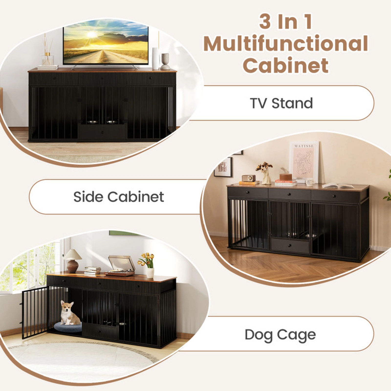 SUGIFT Modern Dog Crate Furniture for 2 Dogs with Divider 3 Drawers Pull-Out Feeder and 2 Steel Bowls