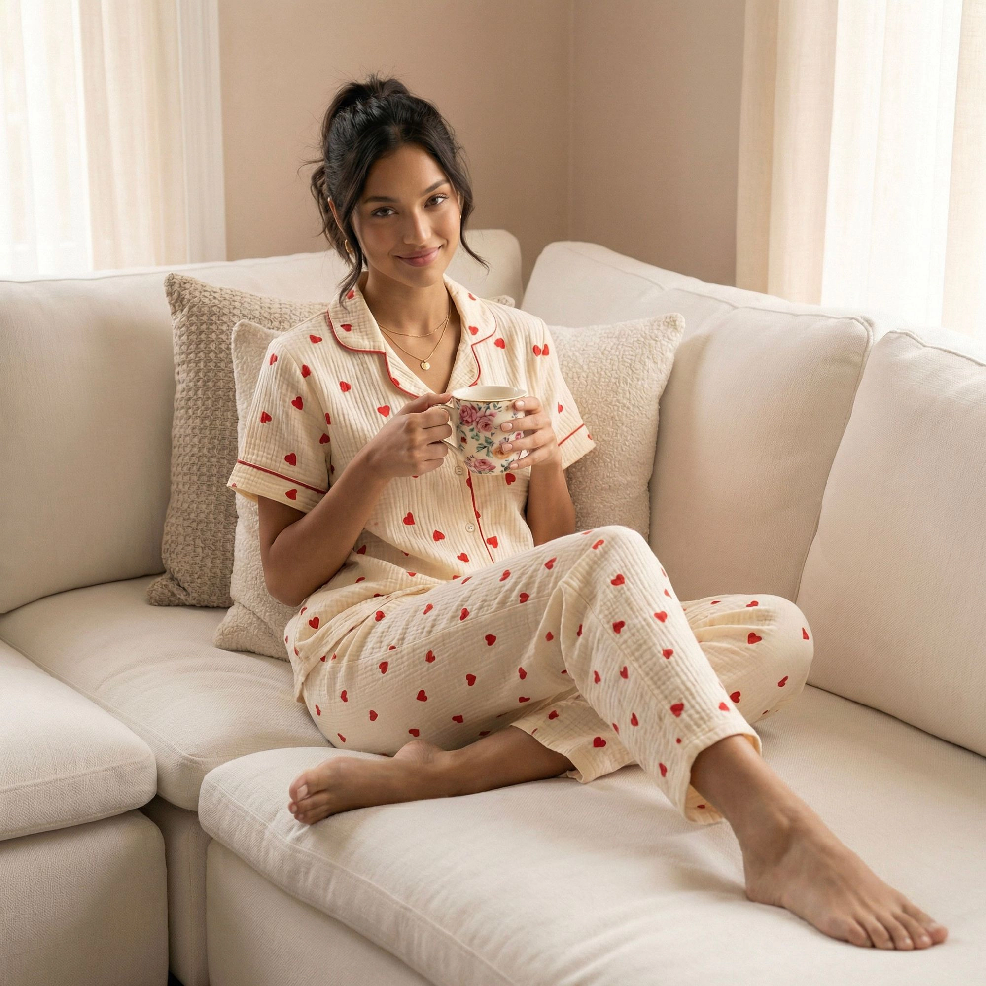 Anna-Kaci Women's Heart Print Valentine Pajama Set with Short Sleeve Button Up Top and Relaxed Fit Elastic Waist Pants
