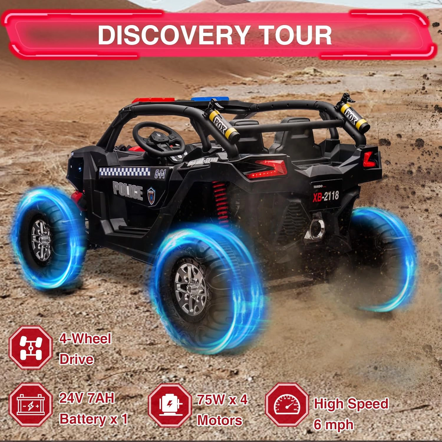 Enjyam 24V 2-Seater Kids UTV, 4WD Ride On Car w/Remote, 4×75W Motors, Leather Seats, Suspension, Music & LED Lights