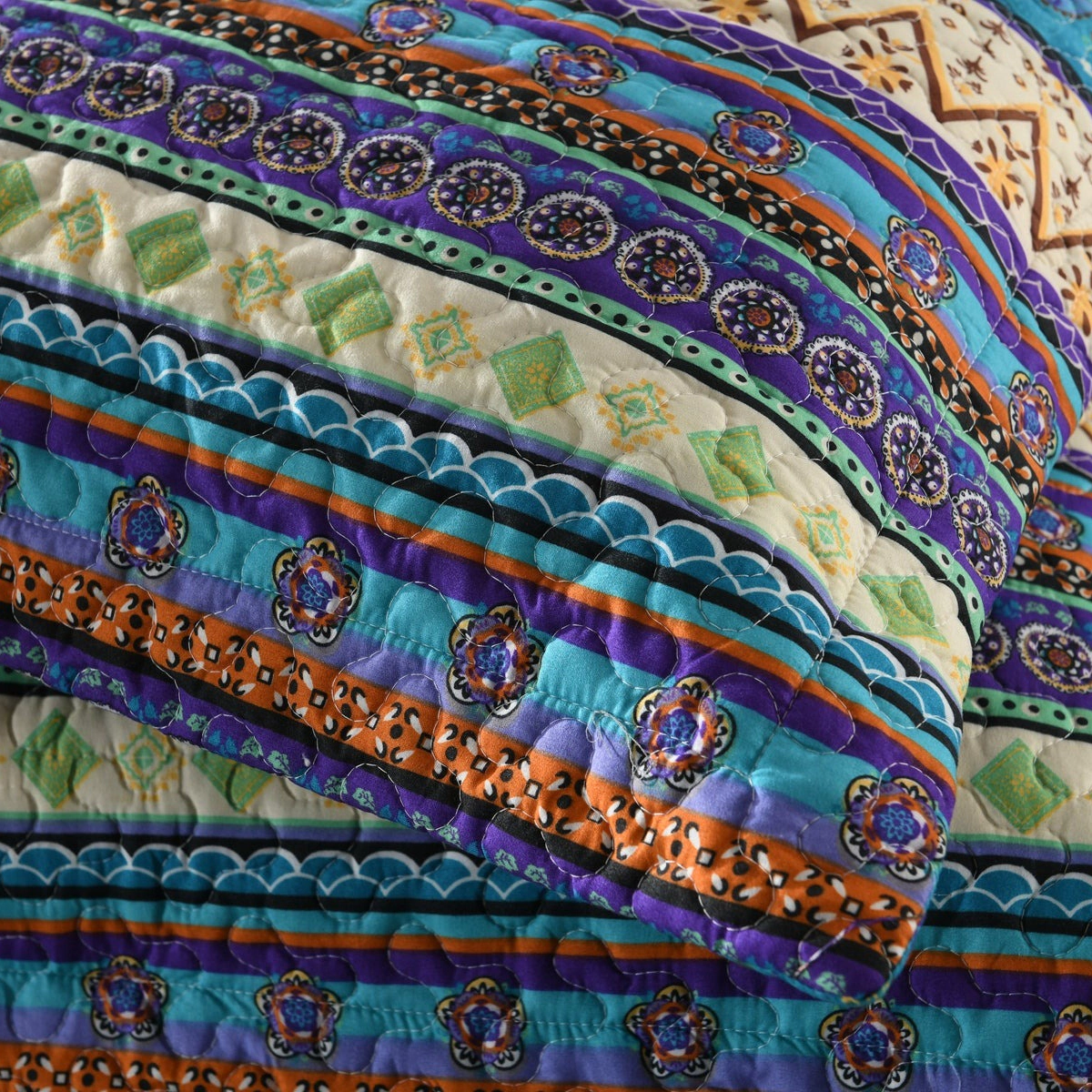 MarCielo 3 Piece Boho Quilt Bedspread Set, Tribal Striped Coverlet with 2 Pillowshams