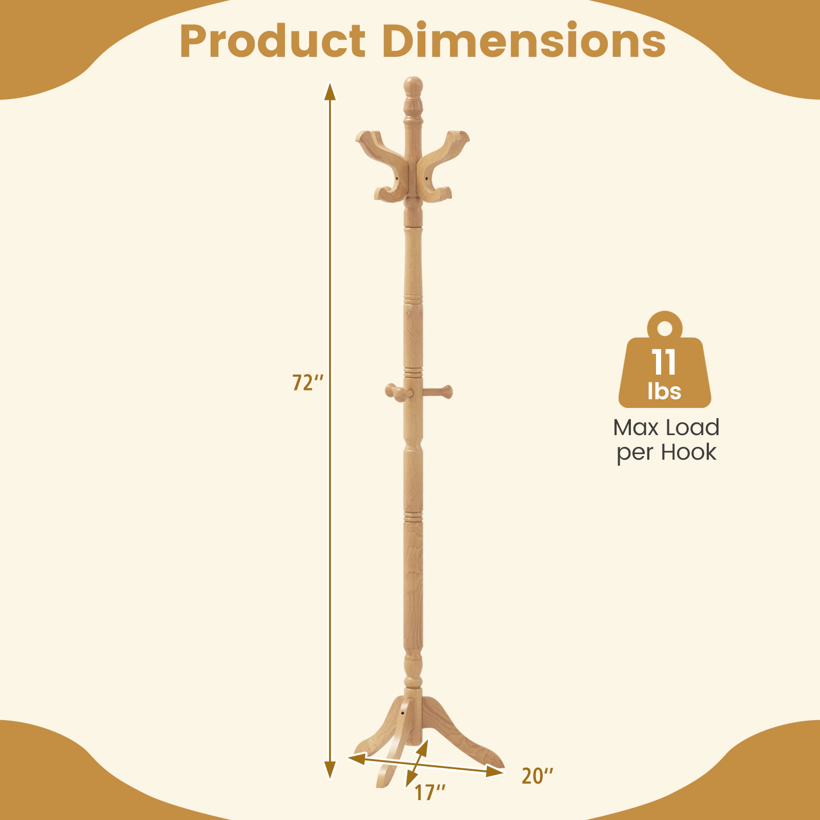 SUGIFT Solid Wood Hall Tree 11 Hooks & 3 Height Options Coat Rack 11-lb Capacity Per Hook 72-in Tall Natural Rubber Wood