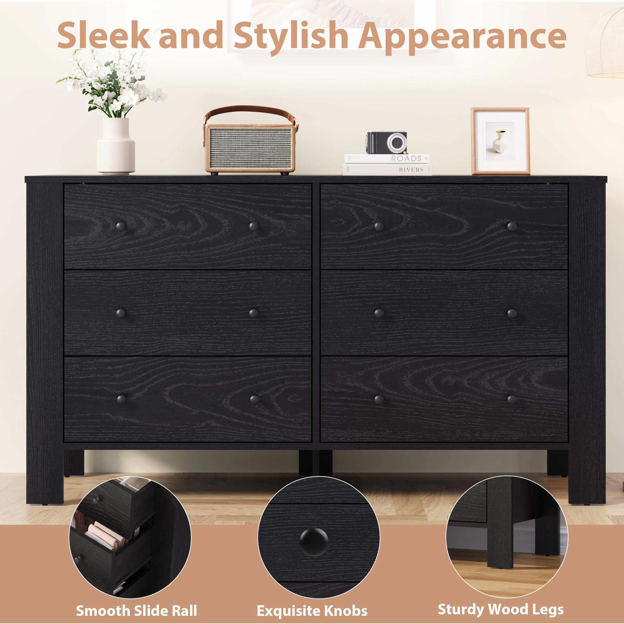 6 Drawer Modern Dresser with Metal Knobs, 50" Wide Large Wood Storage Chest for Bedroom Living Room
