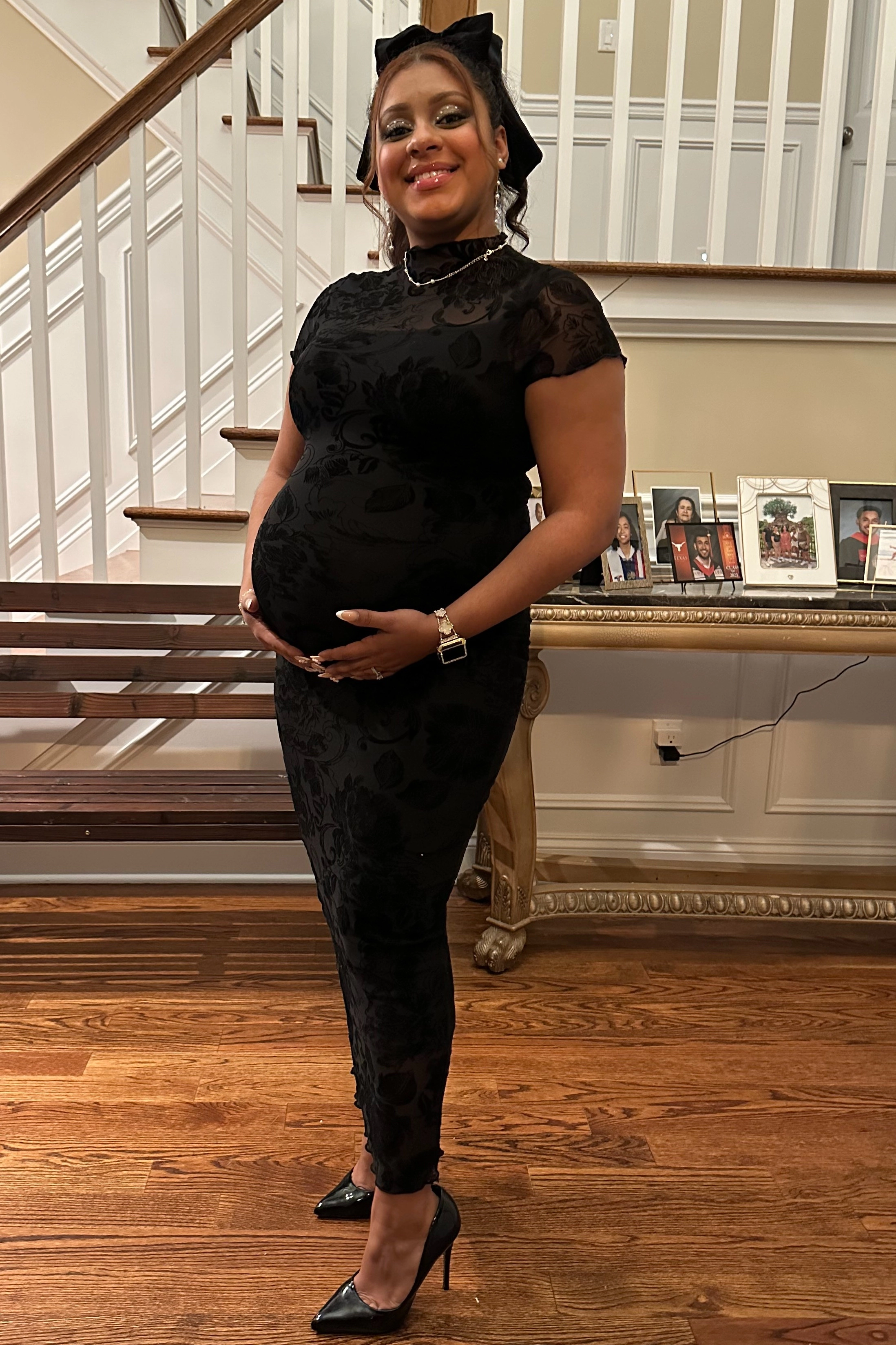 PinkBlush Womens Black Floral Mesh Overlay Fitted Maternity Maxi Dress