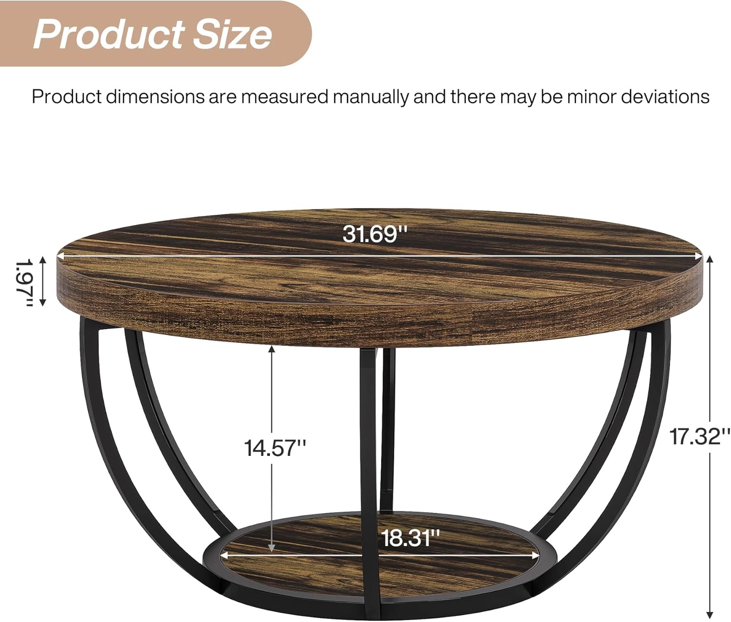 Tribesigns 31.7" Round Industrial Coffee Table with 2-Tier Storage Shelves