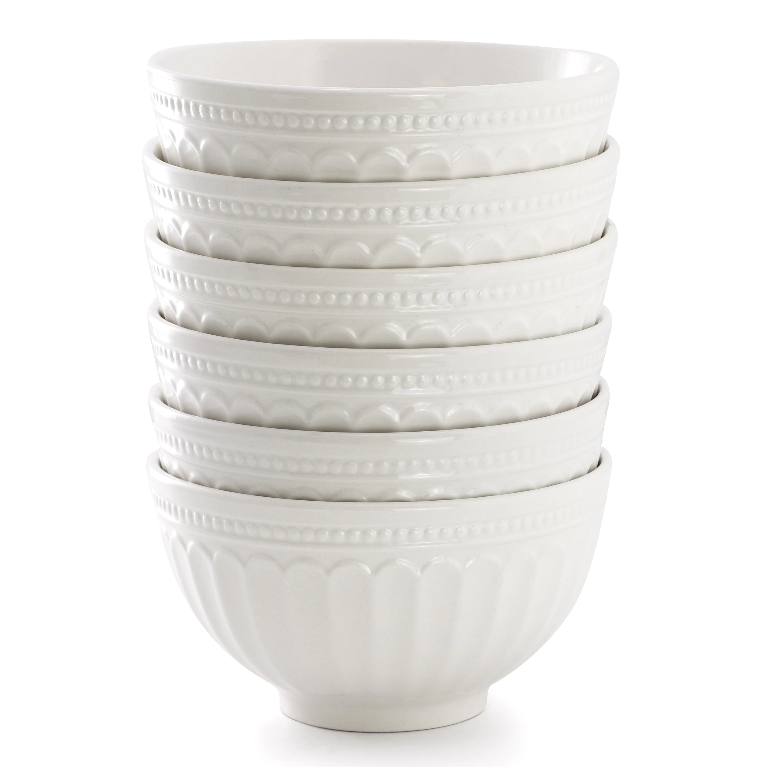 Elama Hansel 6 Piece Embossed Arch Stoneware Cereal Bowl Set in White