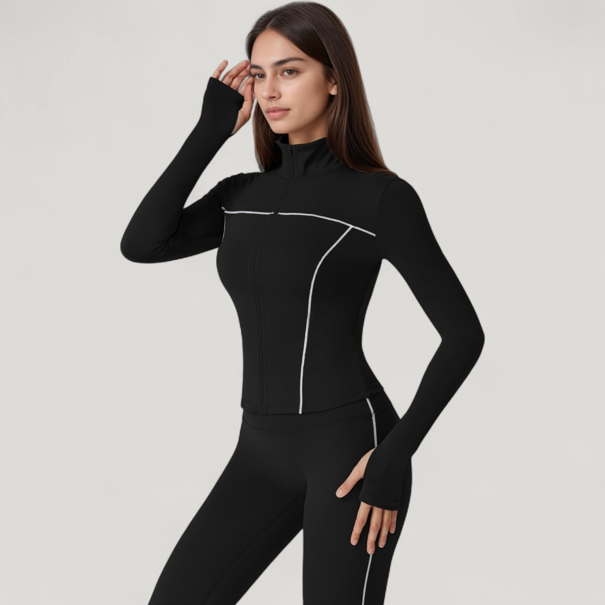 Anna-Kaci Women's Fitted Zip-Up Activewear Jacket with High Collar Long Sleeves and Contour Seaming for Workout Wear