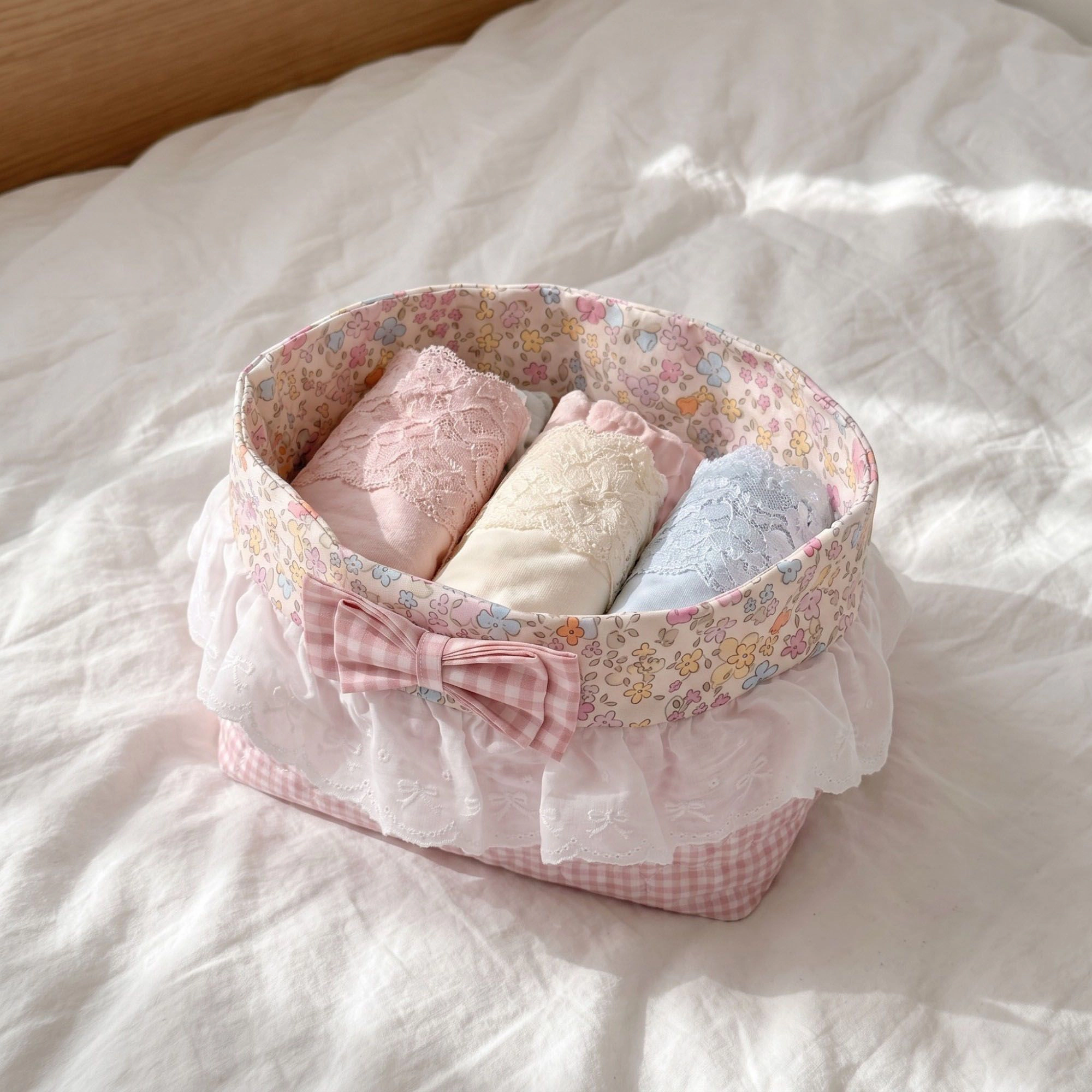 Alilang Unisex Floral Gingham Quilted Storage Basket with Lace Eyelet Ruffle & Bow