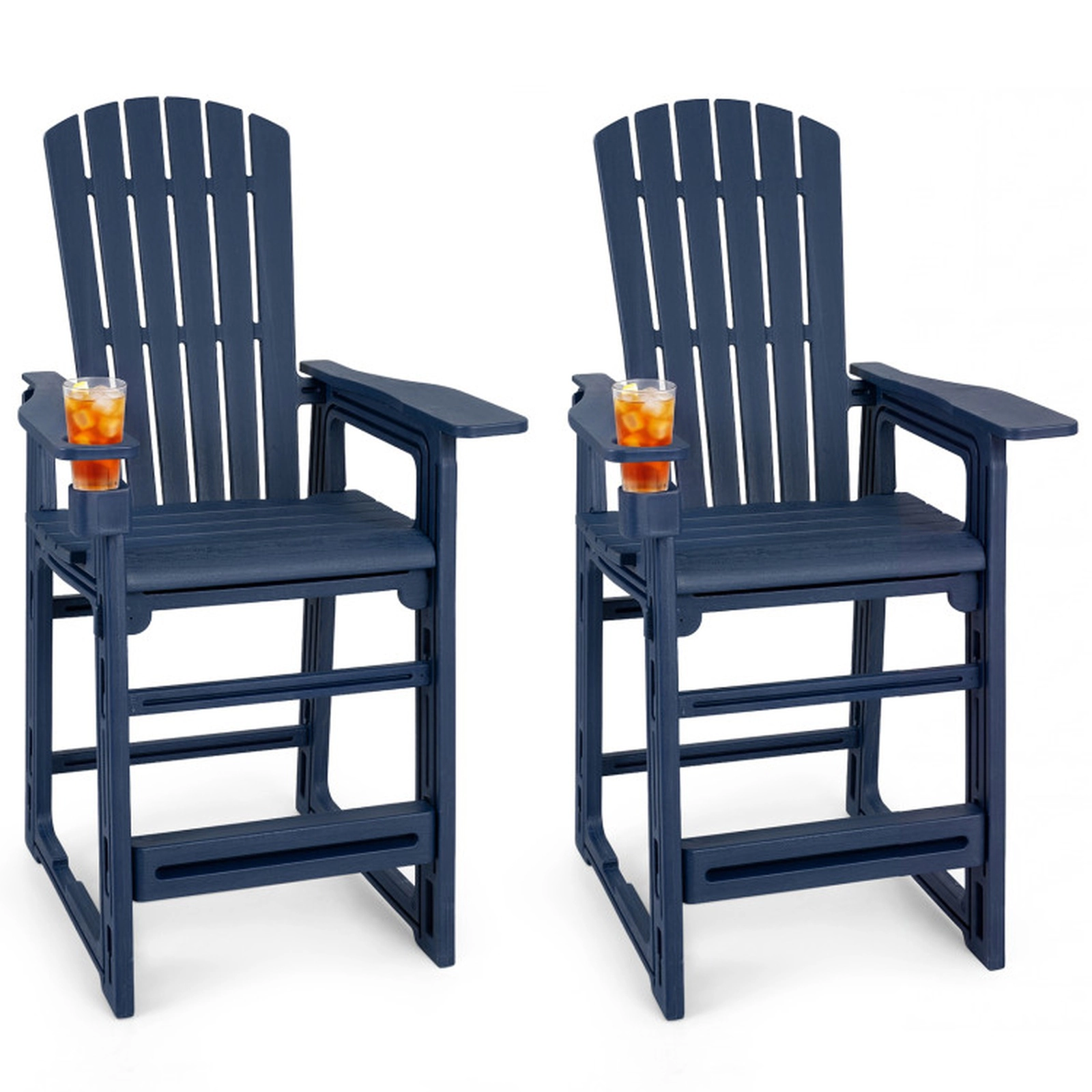 SUGIFT Navy Blue Backrest Armrests and Cup Holder Set of 2 Outdoor 29 Inch HDPE Bar Stools