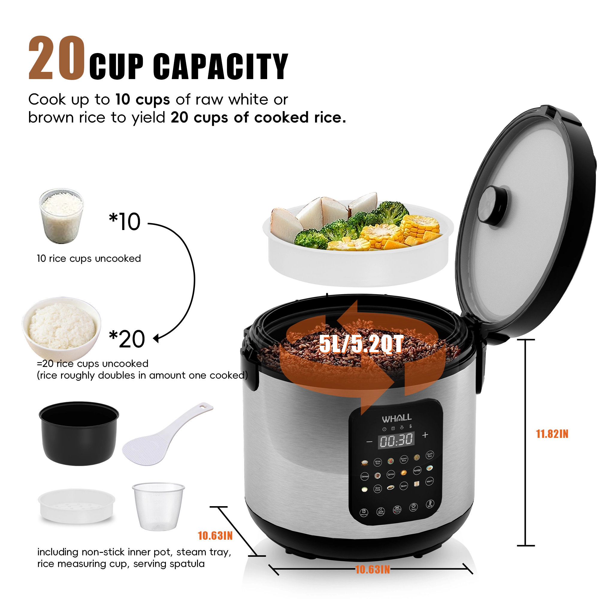 WHALL Digital Multi‑Cooker, 5‑Quart 9‑in‑1 Rice Cooker with Slow Cook, Steam, Oatmeal, Quinoa, Porridge, Delay Timer & A