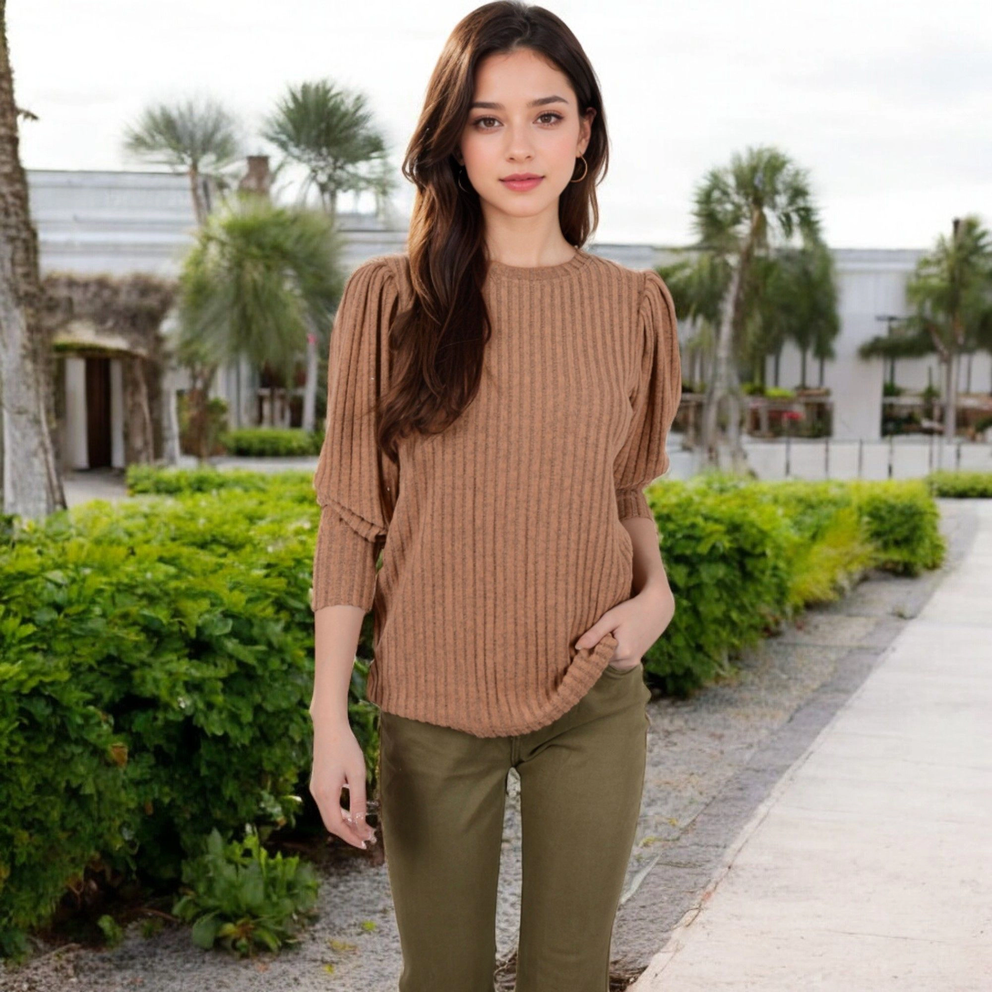 Anna-Kaci Women's Gathered Shoulder Crew Neck Long Sleeve Ribbed Knit Sweater
