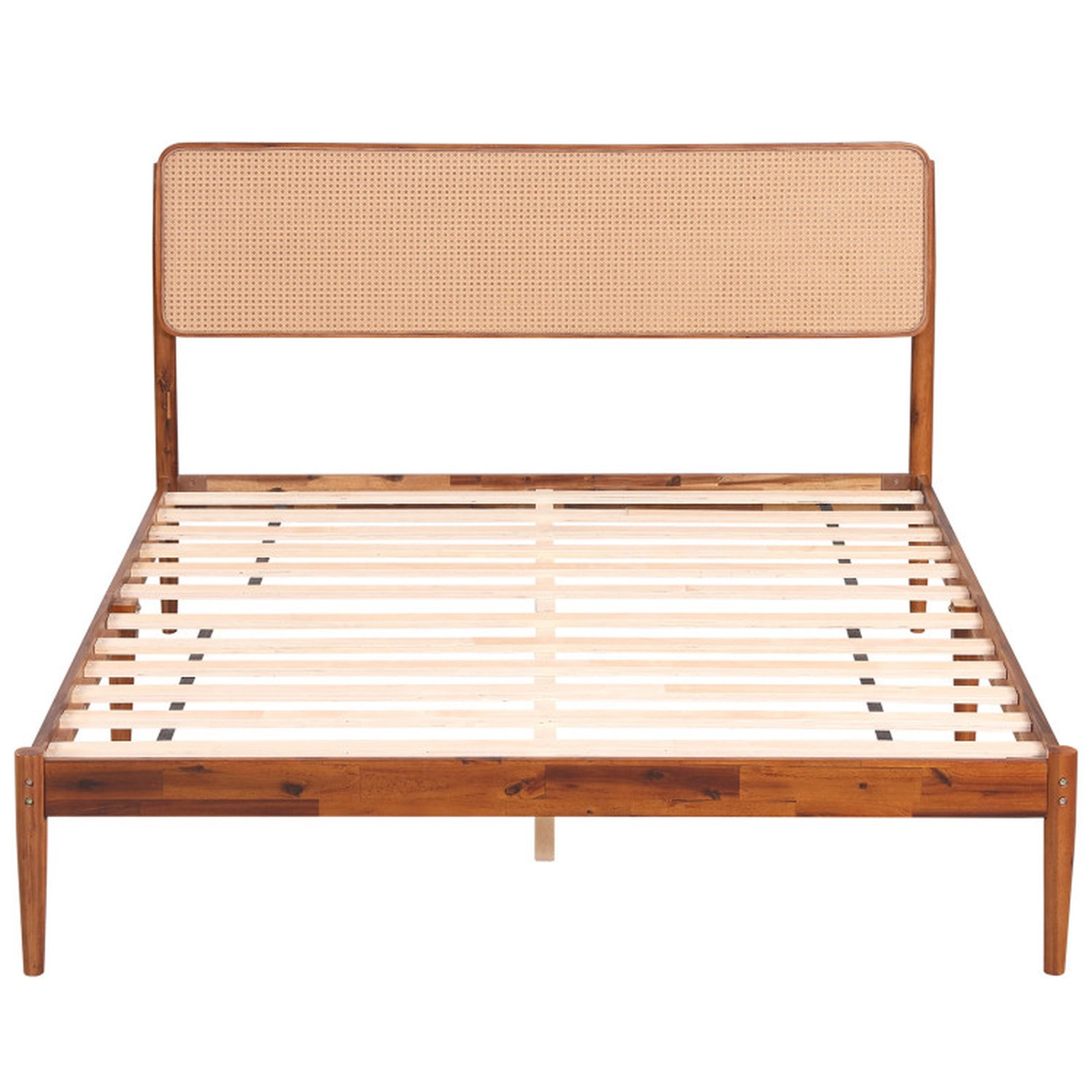 SUGIFT Full Size Brown Acacia Wood Boho Bed Frame with Rattan Headboard and 12 Slats 700-lb Frame Capacity
