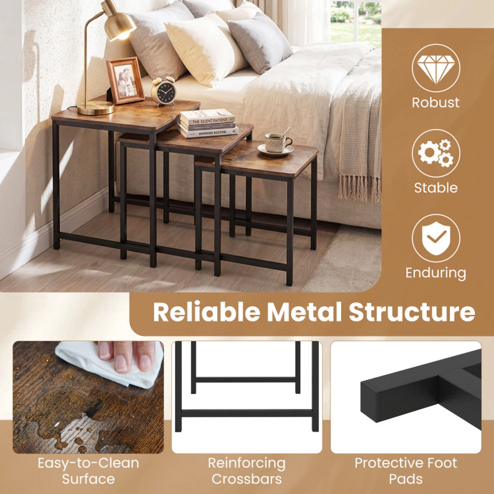 SUGIFT Space-Saving Faux Marble Nesting Tables with Metal Frame Set of 3 90-Lb Capacity Rustic Brown & Black