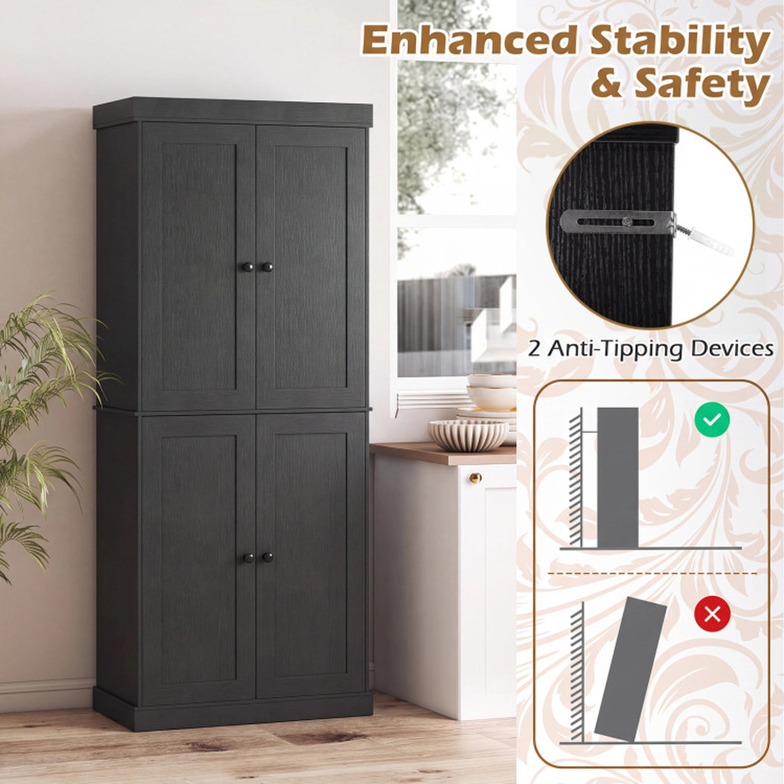 SUGIFT Four-Door Kitchen Pantry Cabinet with 2 Adjustable Shelves and Anti-Tipping Kits 22-lb Shelf Capacity Black