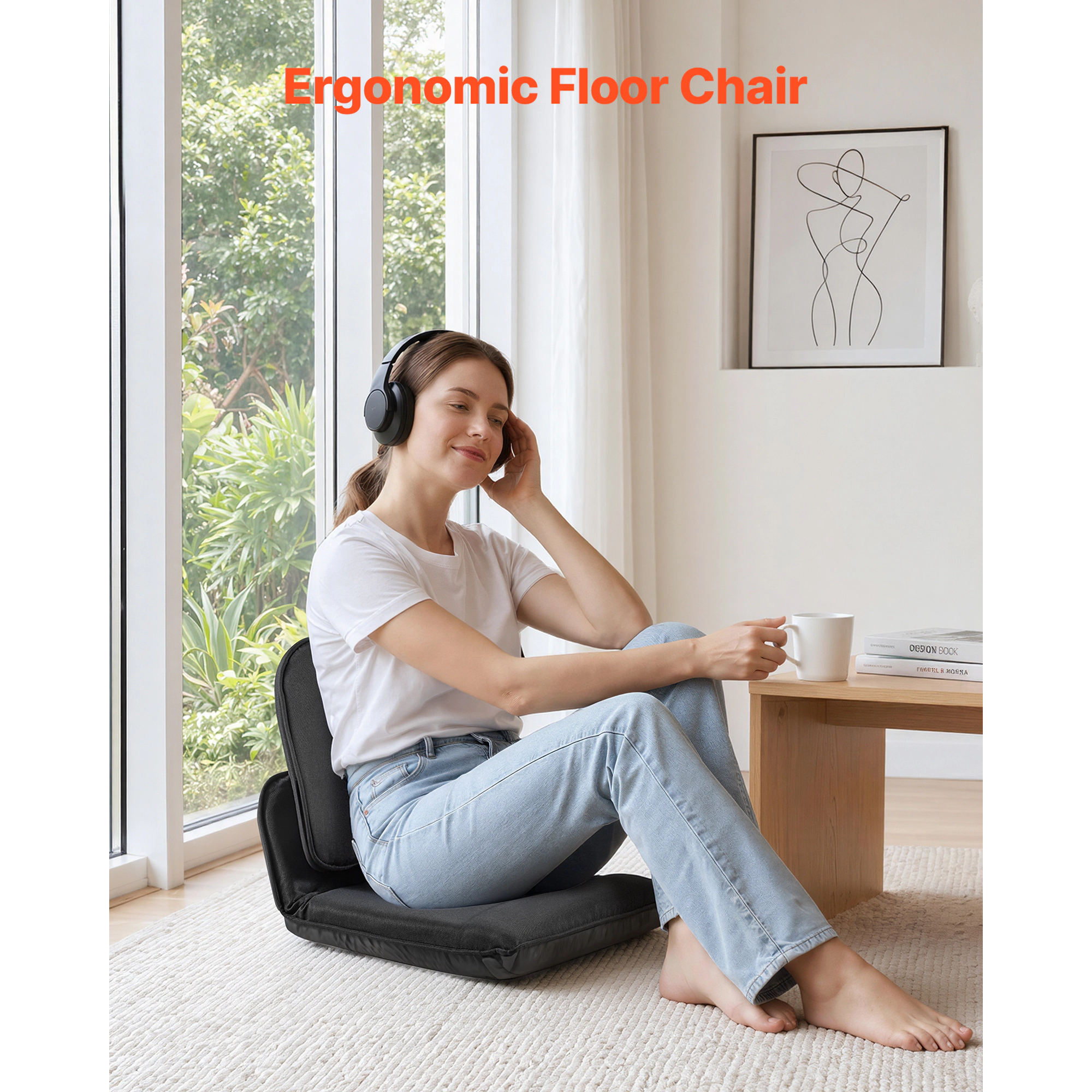 HONGGE Floor Chair 5 Adjustable Positions Folding Floor Gaming Chair with Ergonomic Back Support Sturdy Metal Frame