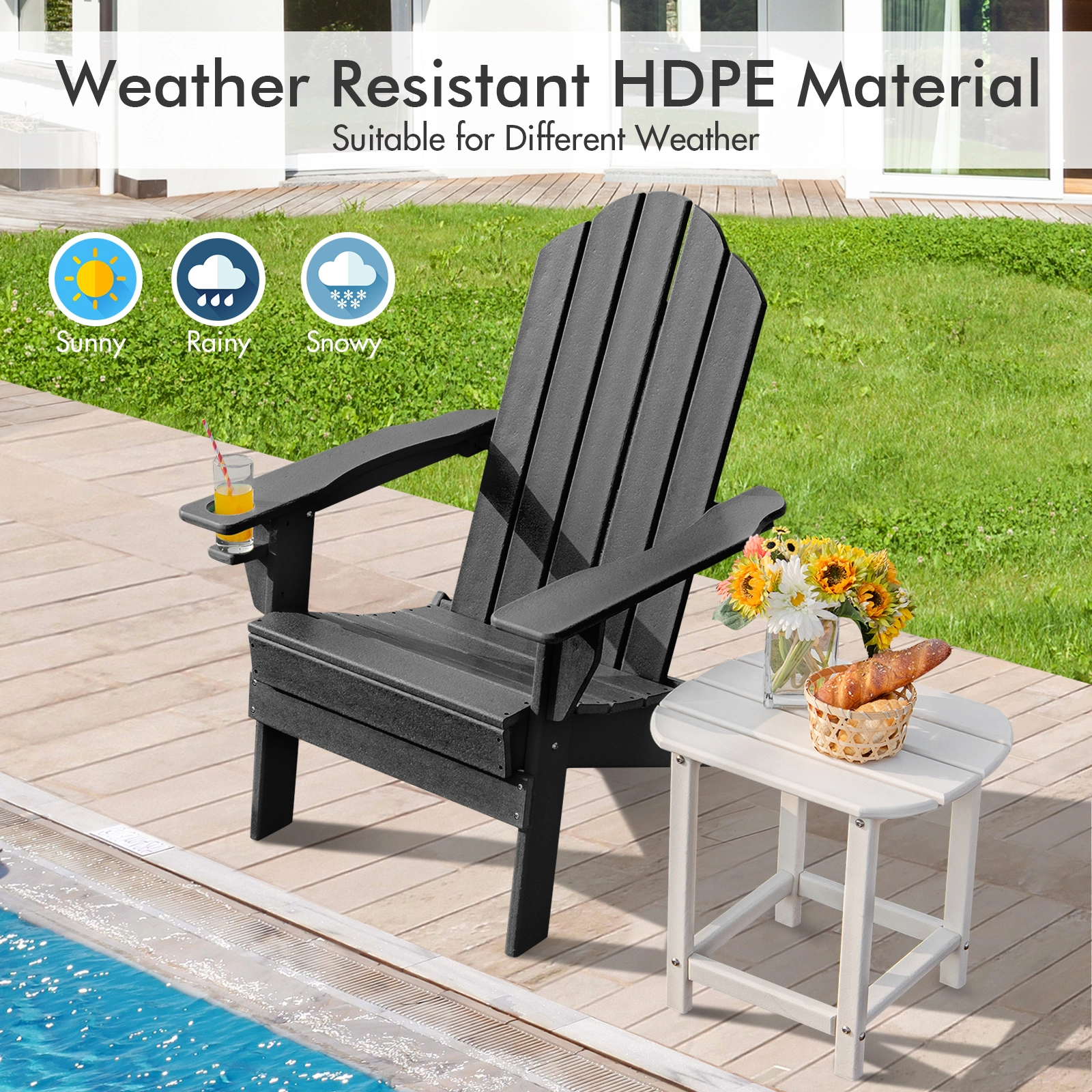 SUGIFT Foldable Weather Resistant Patio Adirondack Chair Black with Built-in Cup Holder