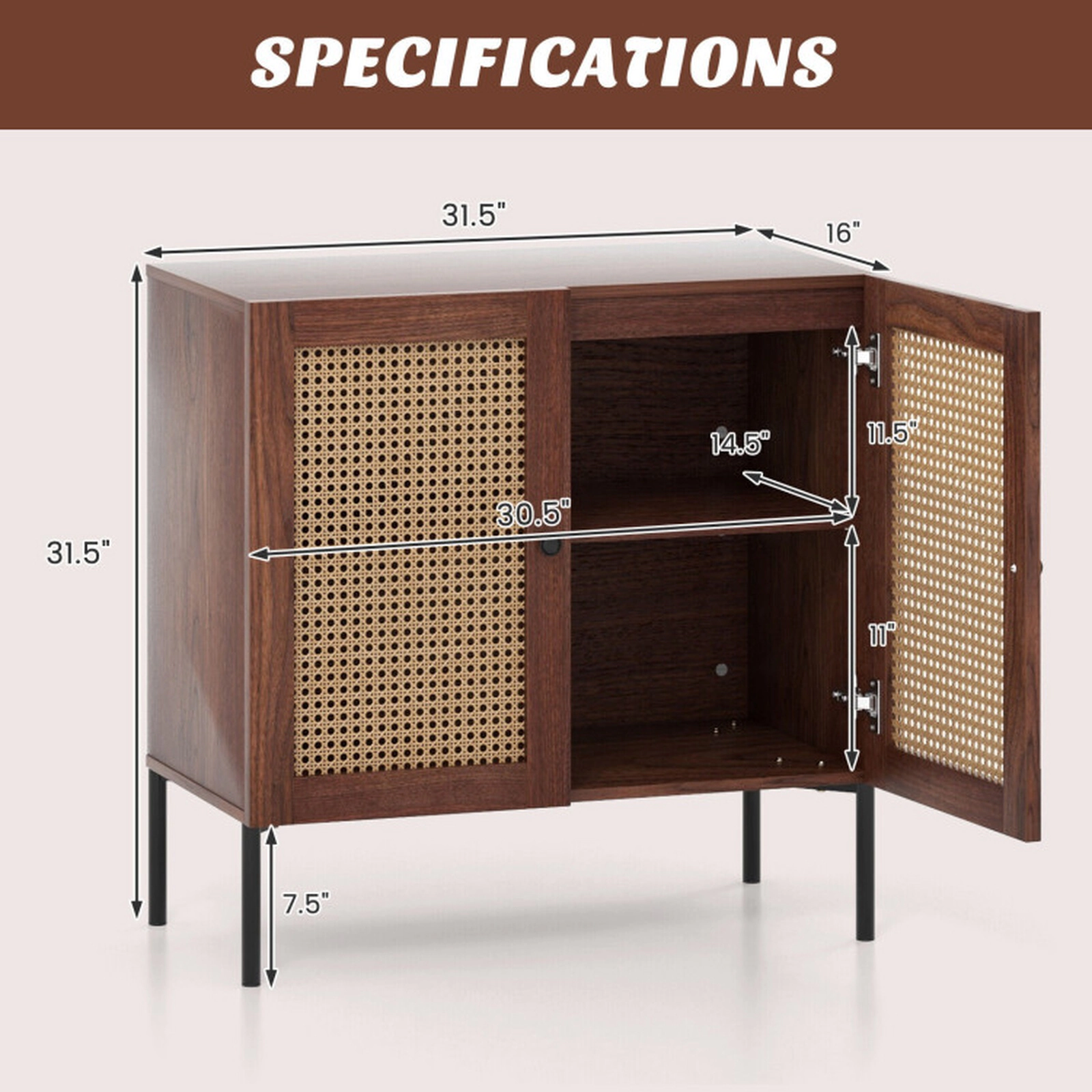 SUGIFT 31.5-in 135-lb Tabletop Walnut Sideboard with 2 Rattan-Decorated Doors Adjustable Shelf and Metal Legs