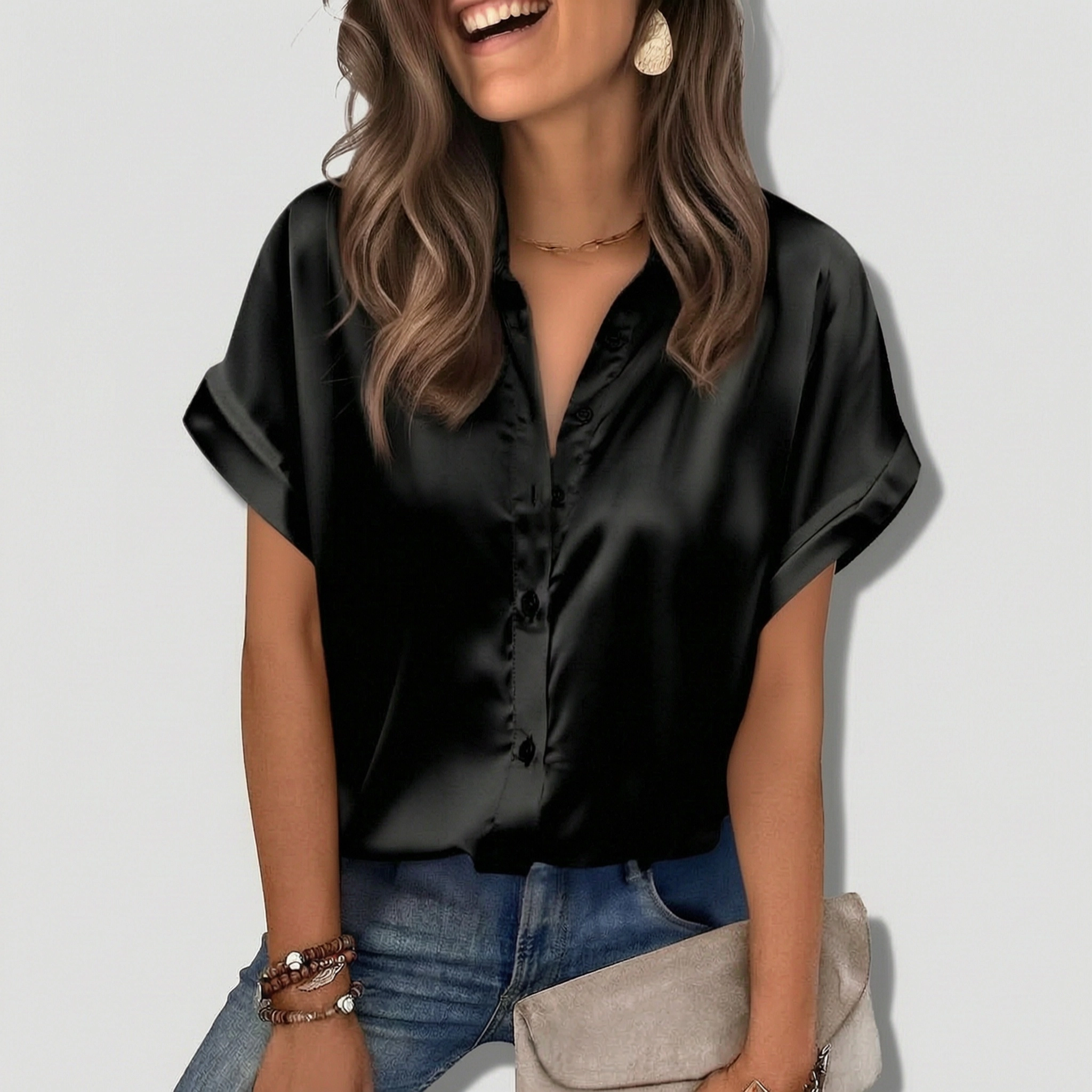 Zeagoo Satin Blouses for Women Silk Button Down Shirts Short Sleeve Business Casual Tops
