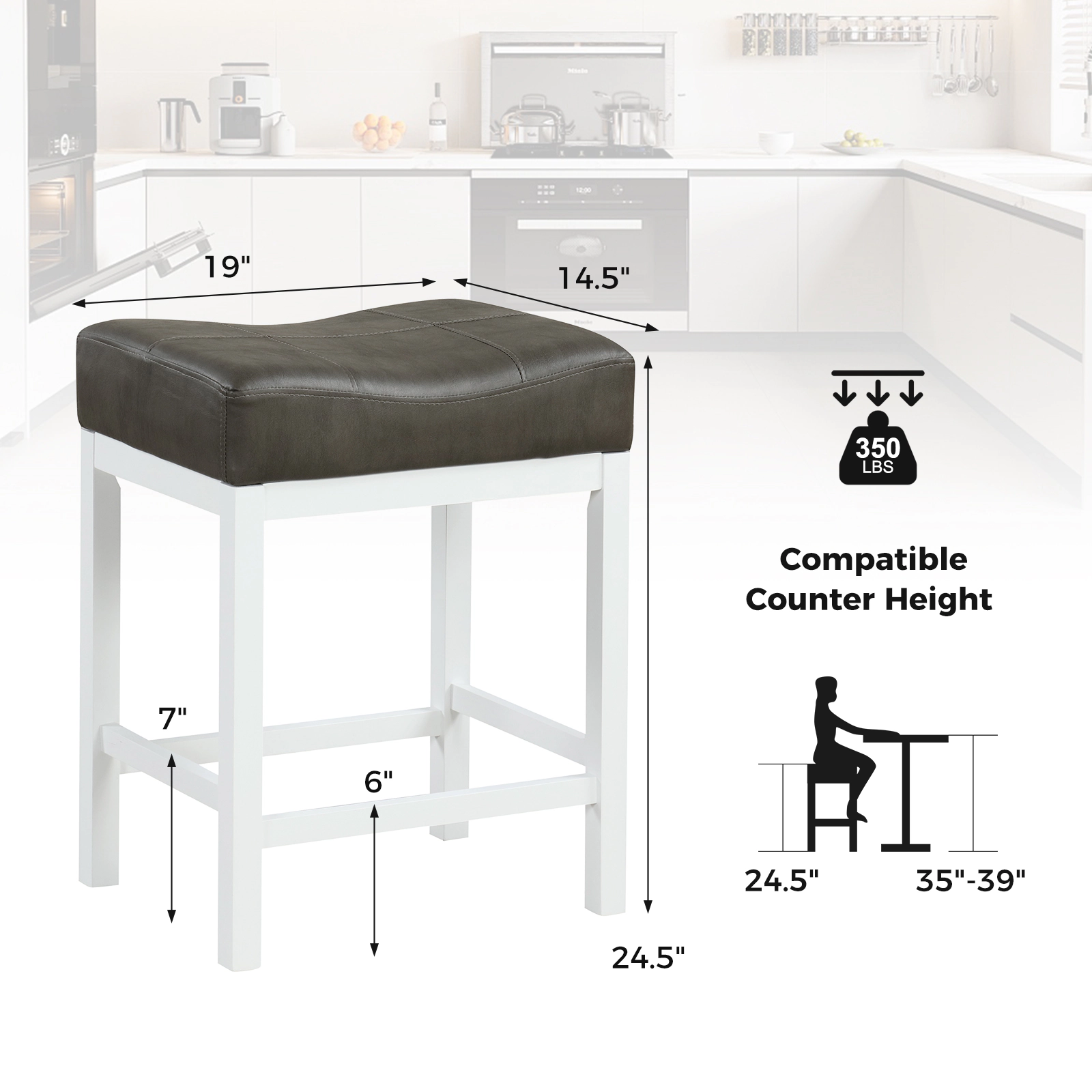 Hivvago 24.5 Inches Linen Fabric Saddle Stools Set of 2 with Cushioned Seat